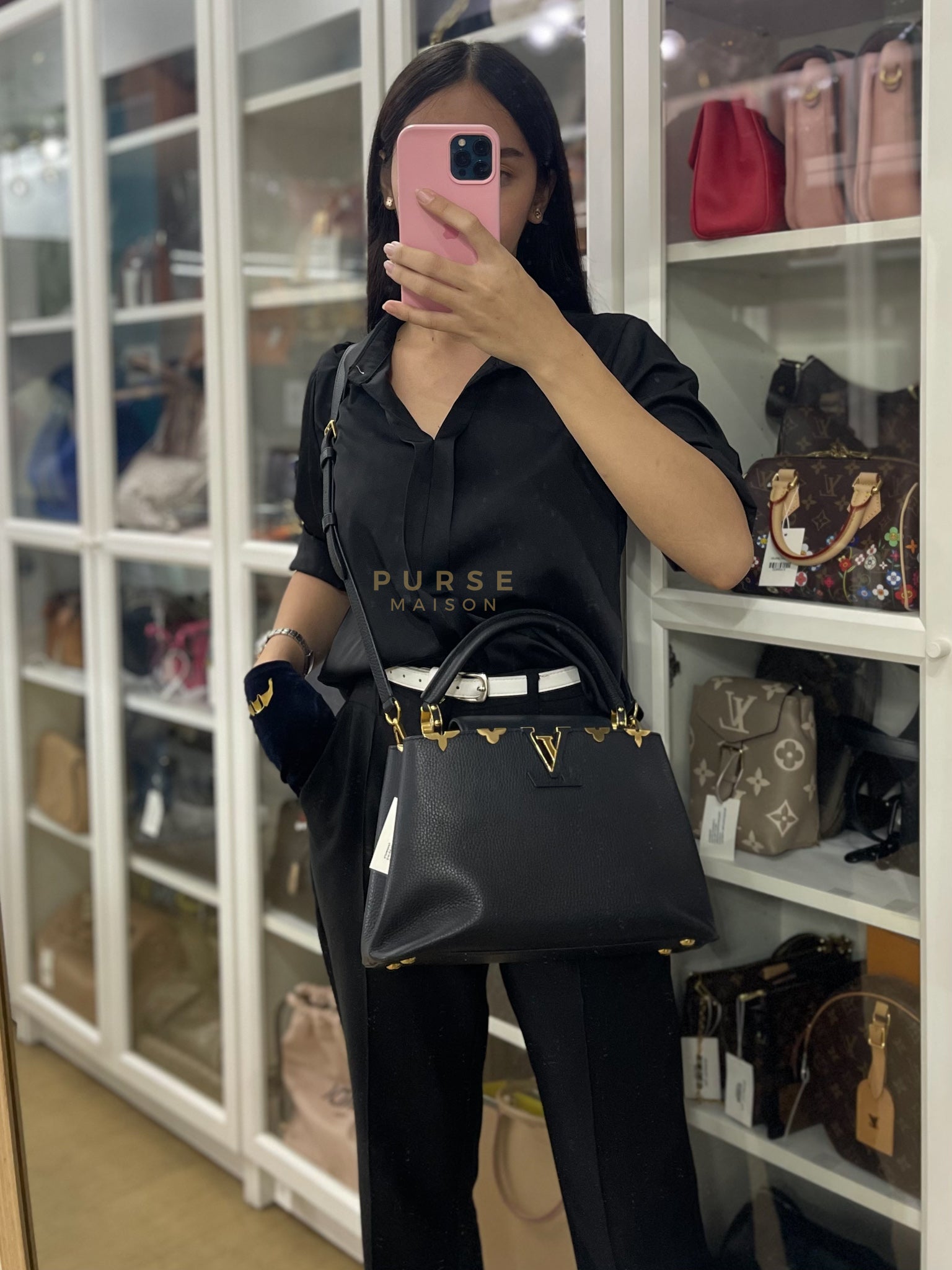 Capuccines PM Black Taurillon Leather and Gold Hardware | Purse Maison Luxury Bags Shop