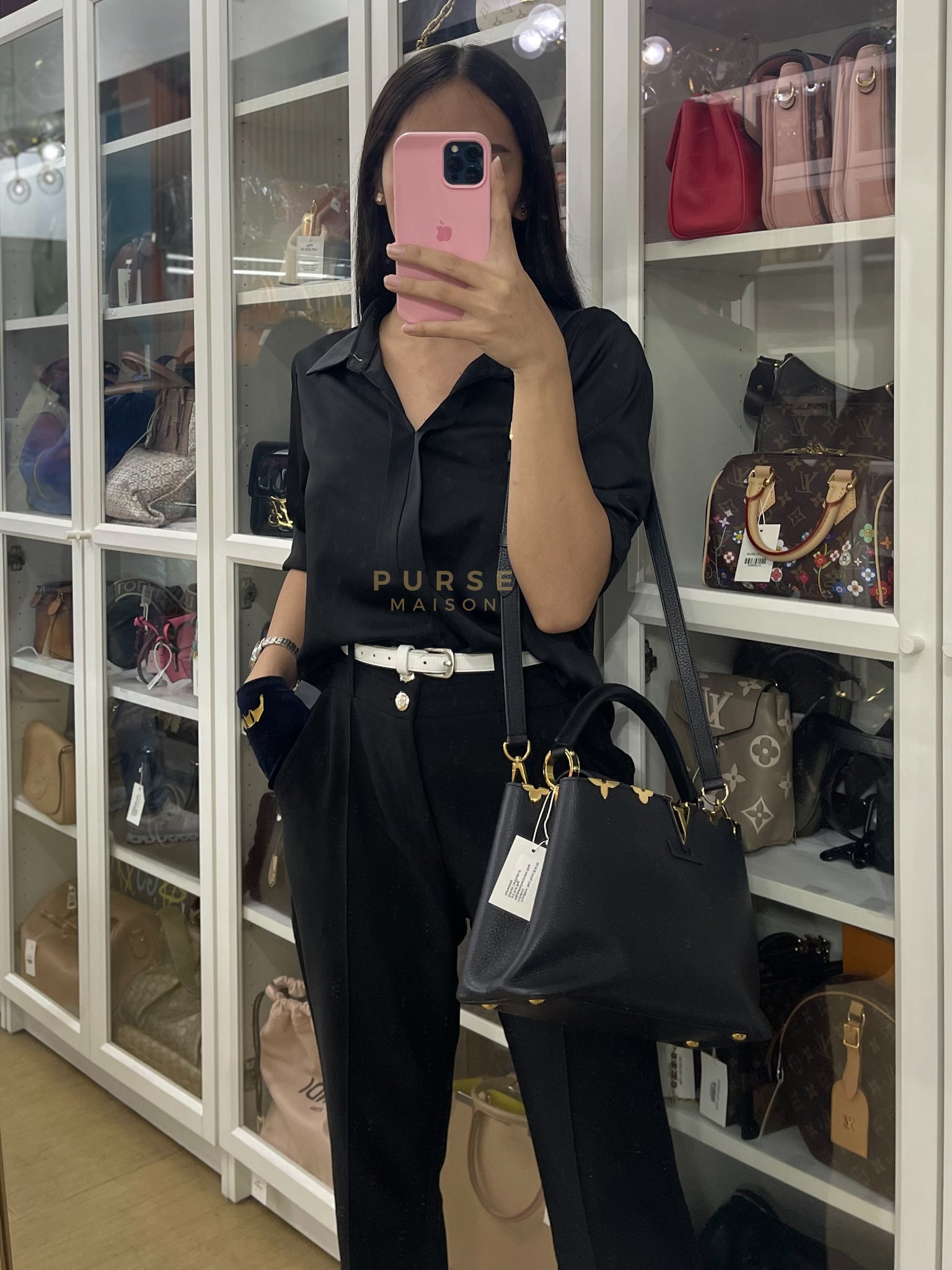 Capuccines PM Black Taurillon Leather and Gold Hardware | Purse Maison Luxury Bags Shop