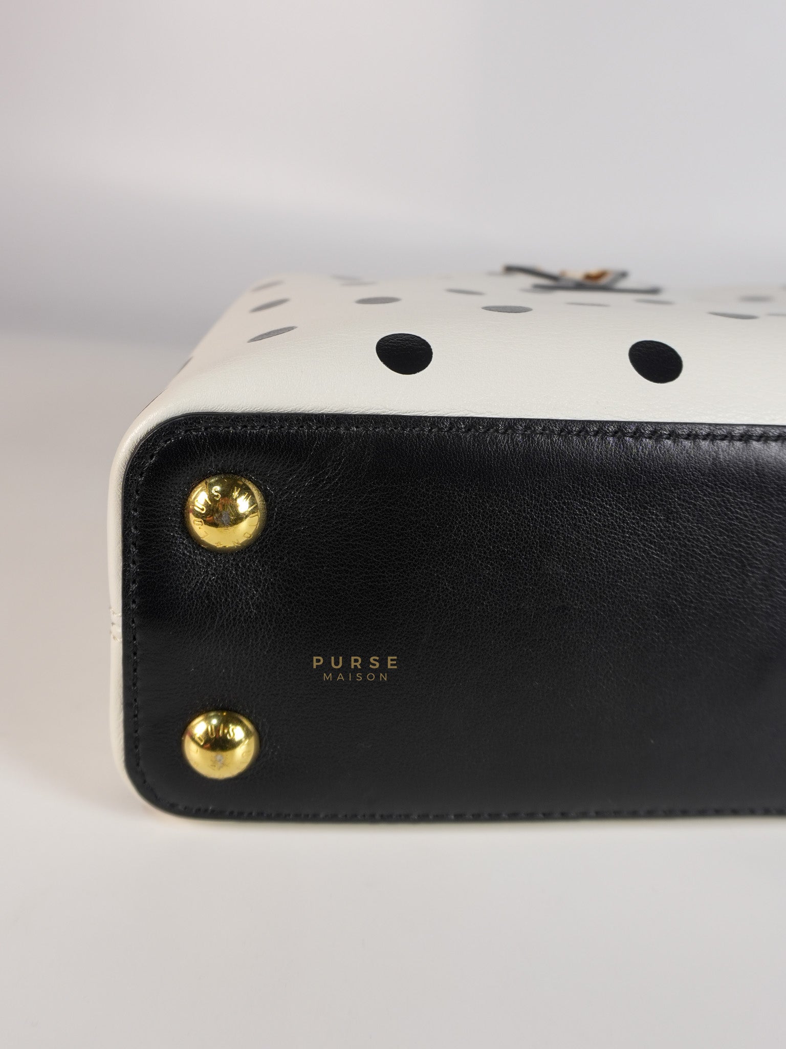 Capucines BB Hand Bag in Black & White Polka Dots Printed Leather (Microchip) | Purse Maison Luxury Bags Shop