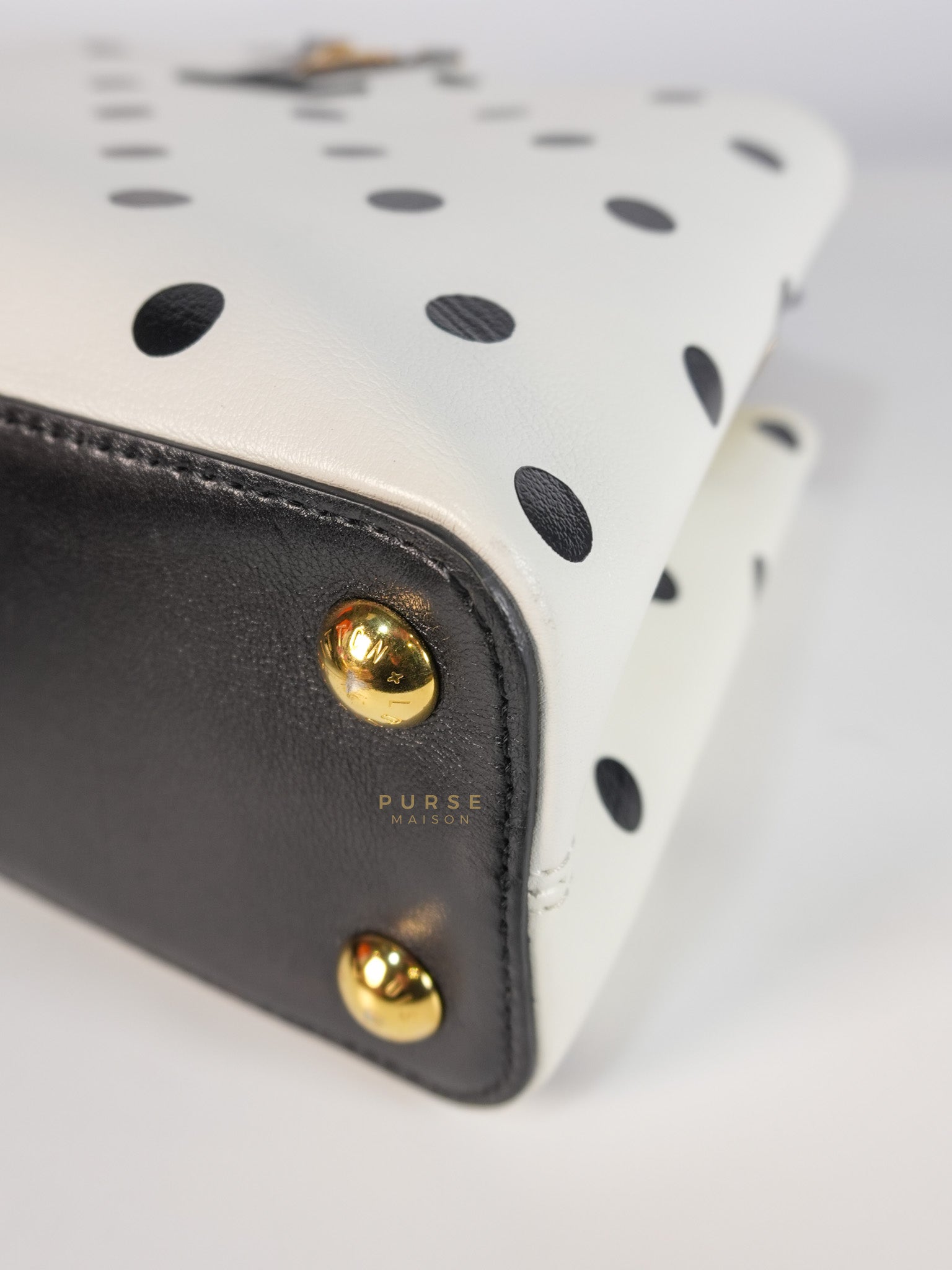 Capucines BB Hand Bag in Black & White Polka Dots Printed Leather (Microchip) | Purse Maison Luxury Bags Shop