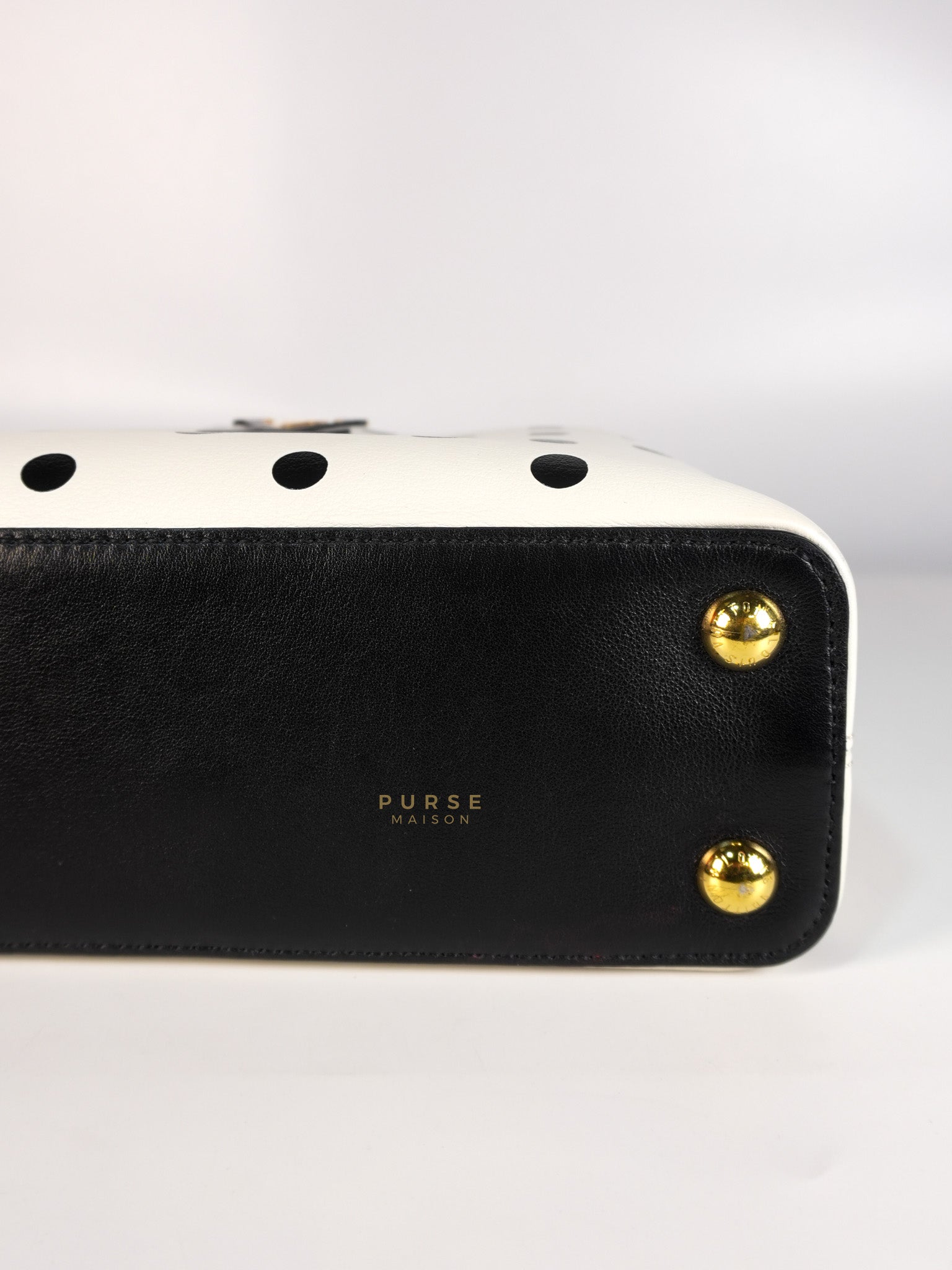 Capucines BB Hand Bag in Black & White Polka Dots Printed Leather (Microchip) | Purse Maison Luxury Bags Shop