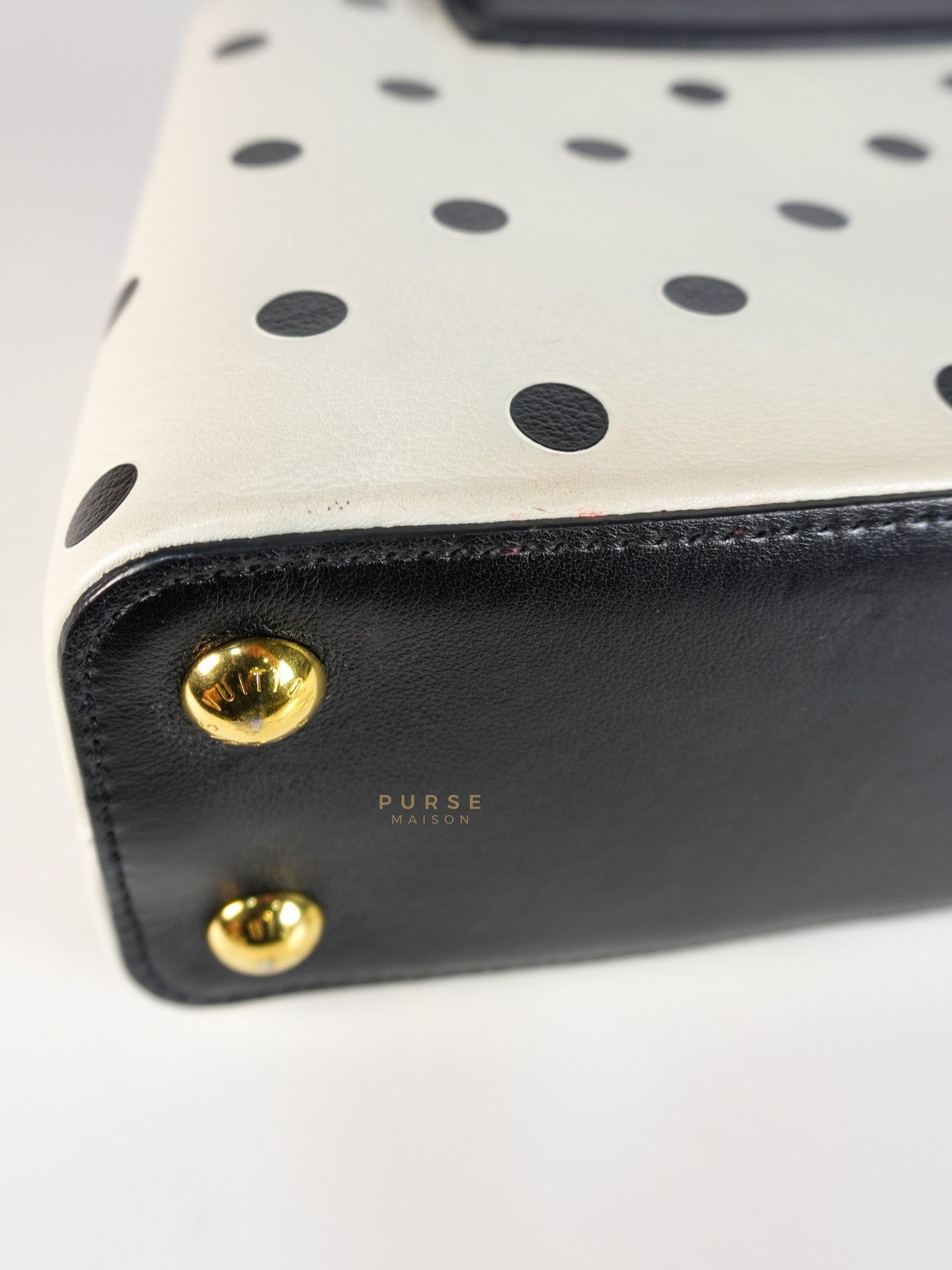 Capucines BB Hand Bag in Black & White Polka Dots Printed Leather (Microchip) | Purse Maison Luxury Bags Shop