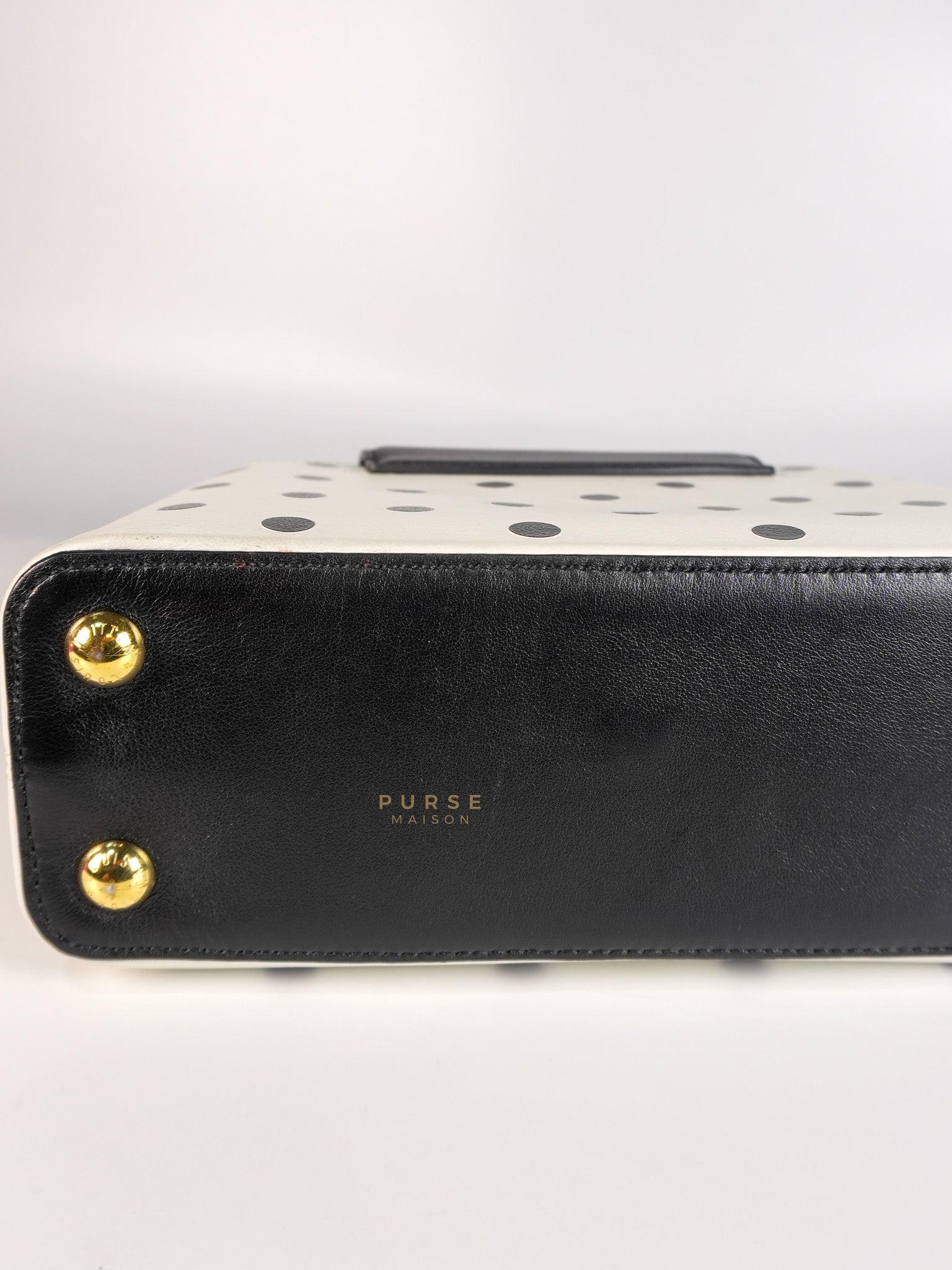 Capucines BB Hand Bag in Black & White Polka Dots Printed Leather (Microchip) | Purse Maison Luxury Bags Shop