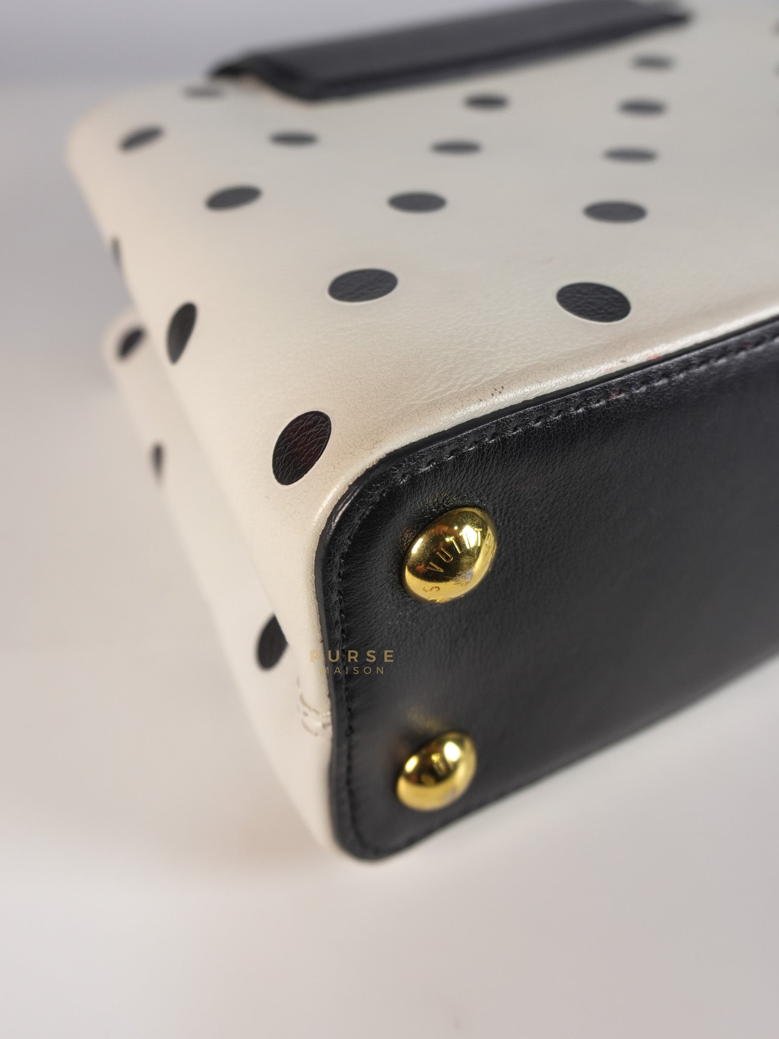 Capucines BB Hand Bag in Black & White Polka Dots Printed Leather (Microchip) | Purse Maison Luxury Bags Shop