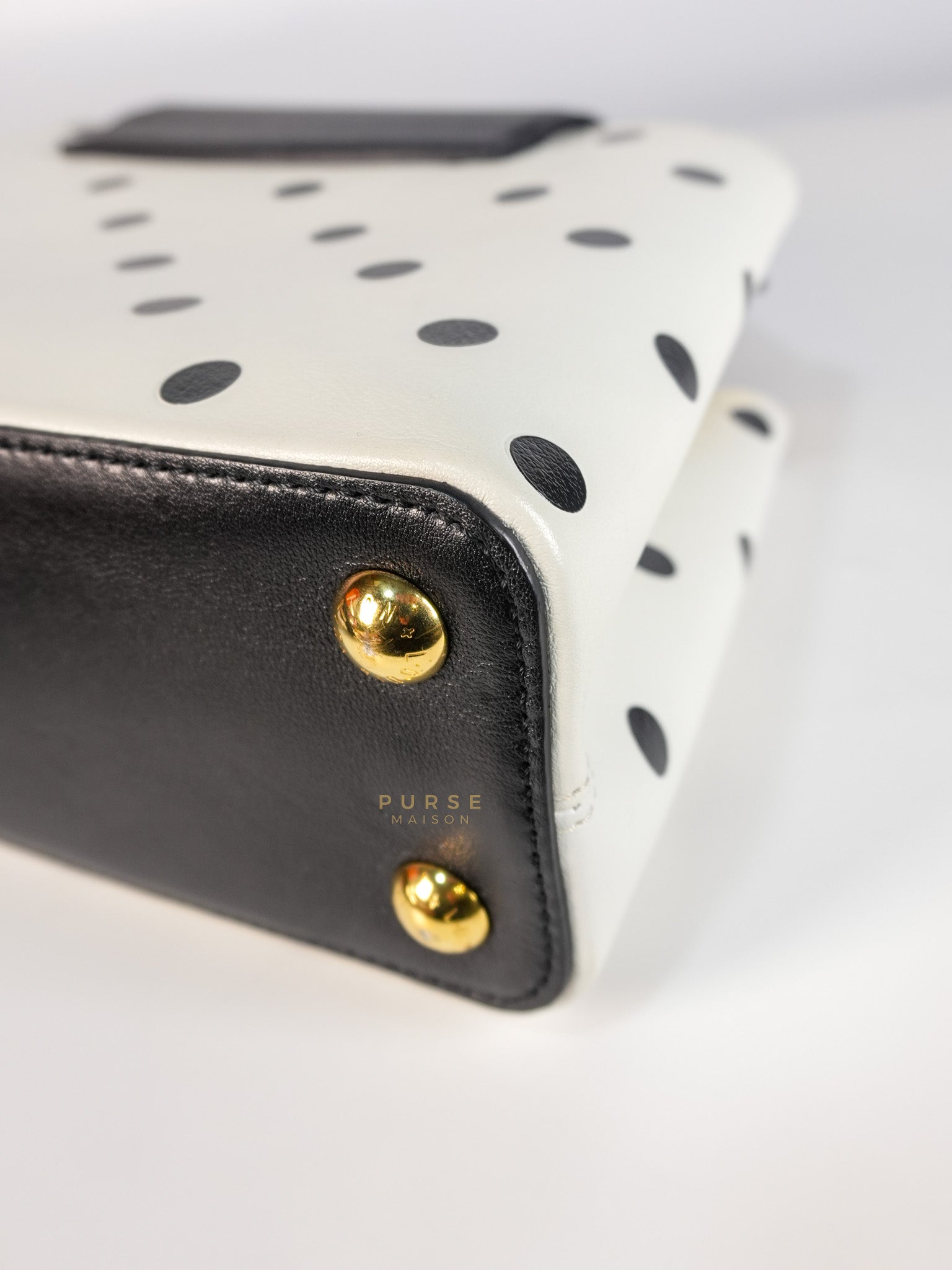 Capucines BB Hand Bag in Black & White Polka Dots Printed Leather (Microchip) | Purse Maison Luxury Bags Shop