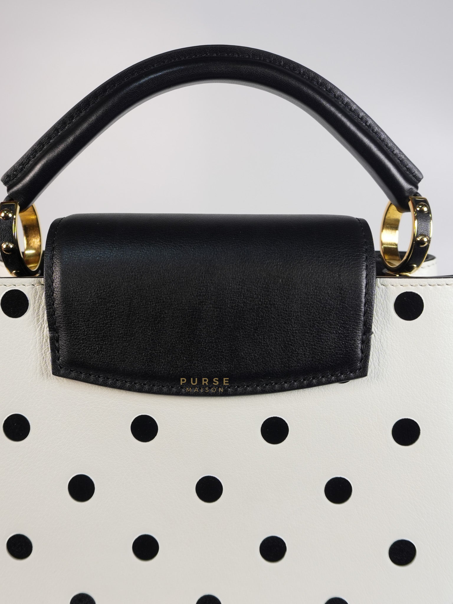 Capucines BB Hand Bag in Black & White Polka Dots Printed Leather (Microchip) | Purse Maison Luxury Bags Shop