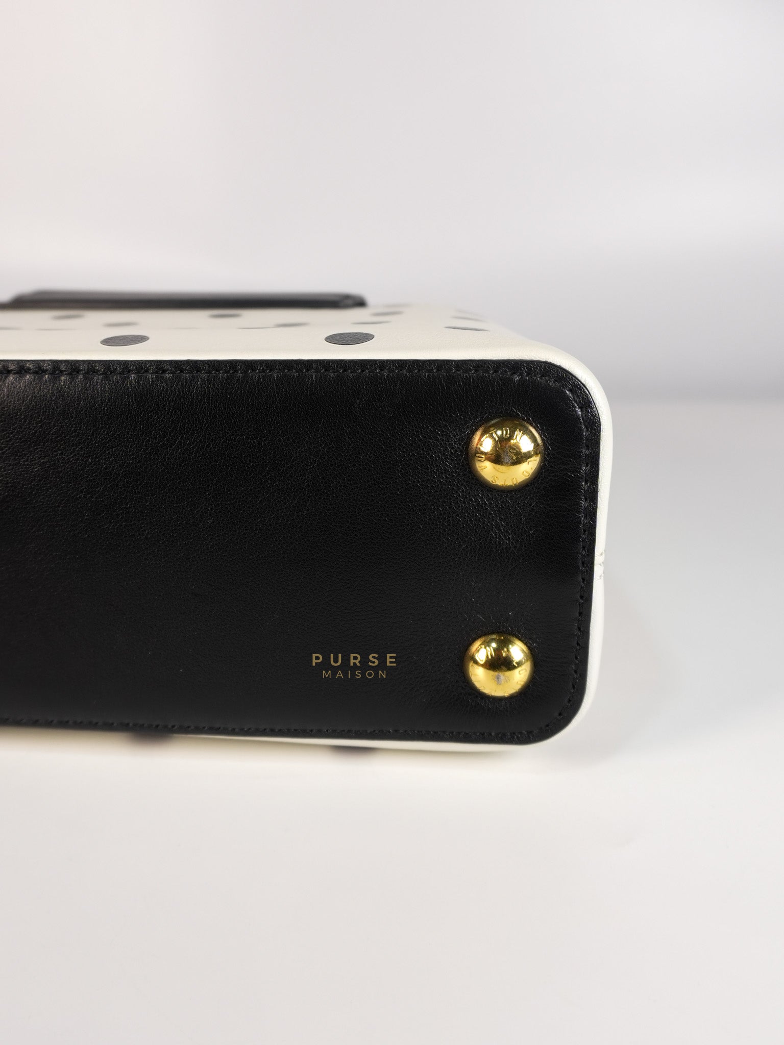 Capucines BB Hand Bag in Black & White Polka Dots Printed Leather (Microchip) | Purse Maison Luxury Bags Shop