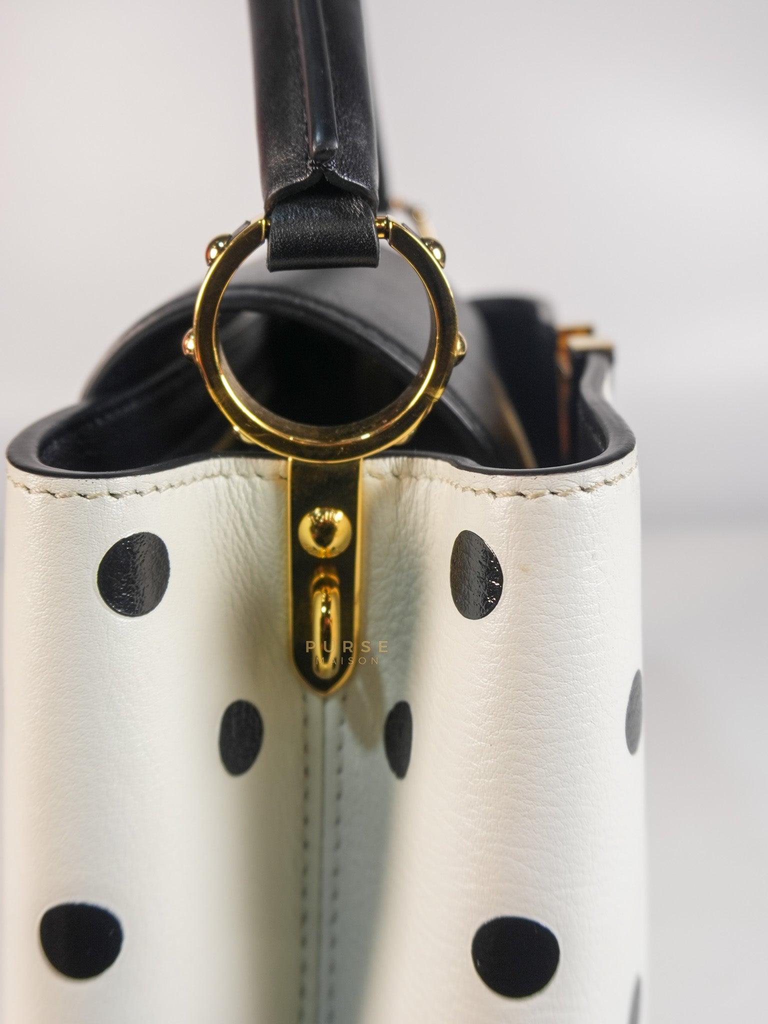 Capucines BB Hand Bag in Black & White Polka Dots Printed Leather (Microchip) | Purse Maison Luxury Bags Shop