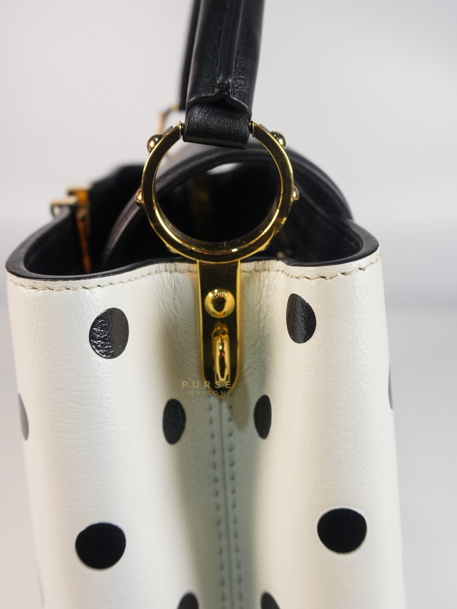 Capucines BB Hand Bag in Black & White Polka Dots Printed Leather (Microchip) | Purse Maison Luxury Bags Shop