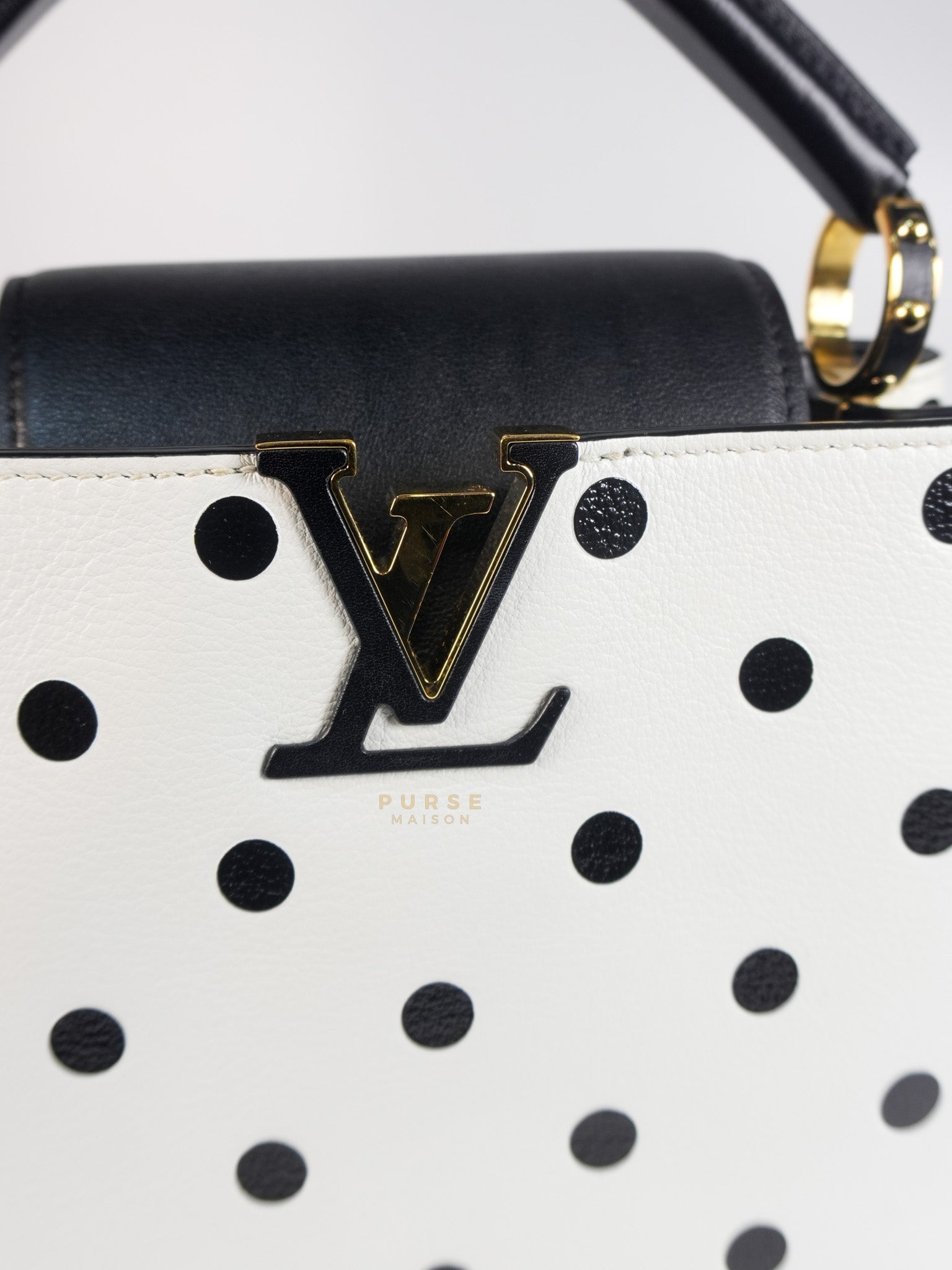 Capucines BB Hand Bag in Black & White Polka Dots Printed Leather (Microchip) | Purse Maison Luxury Bags Shop