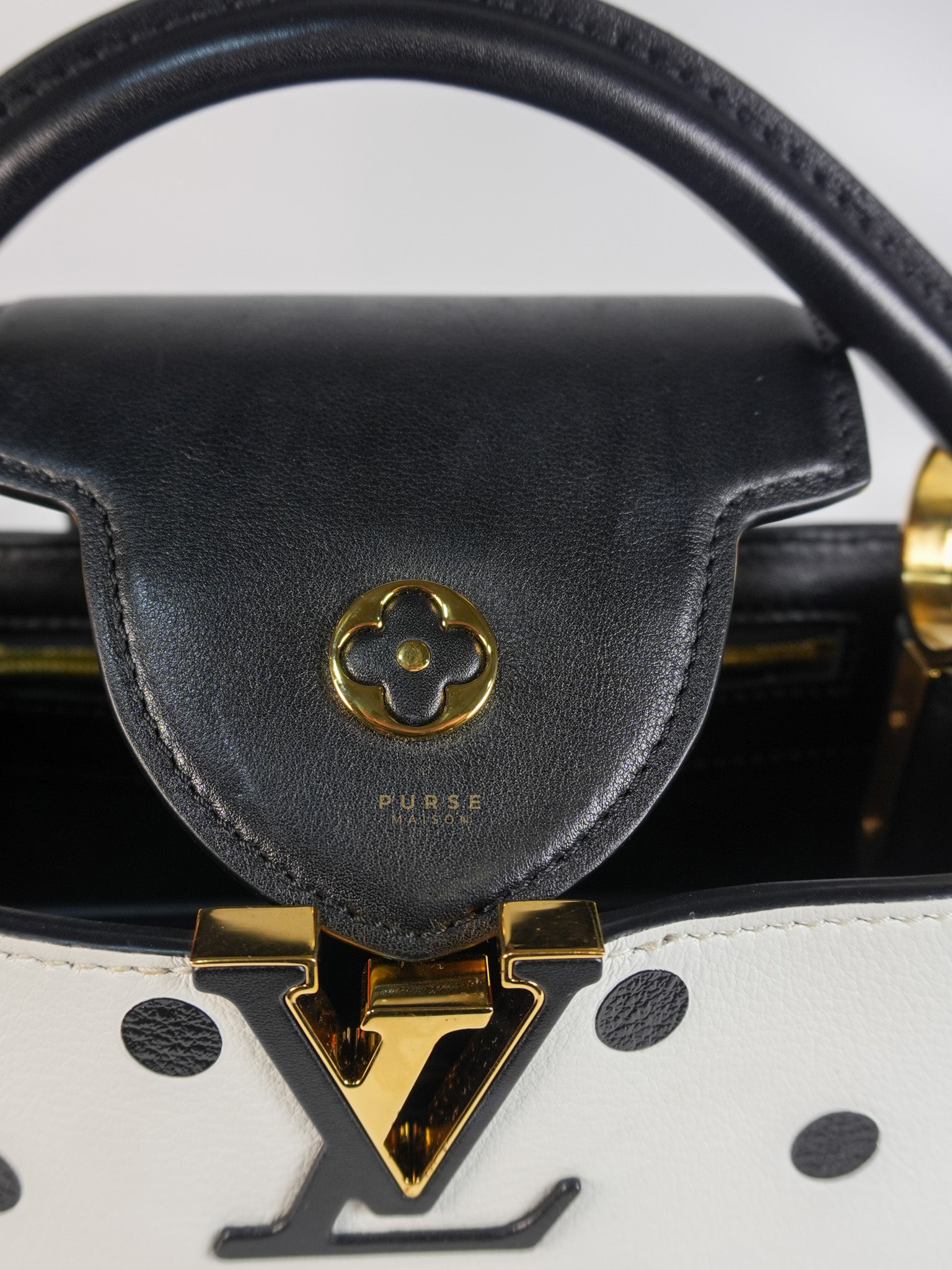 Capucines BB Hand Bag in Black & White Polka Dots Printed Leather (Microchip) | Purse Maison Luxury Bags Shop