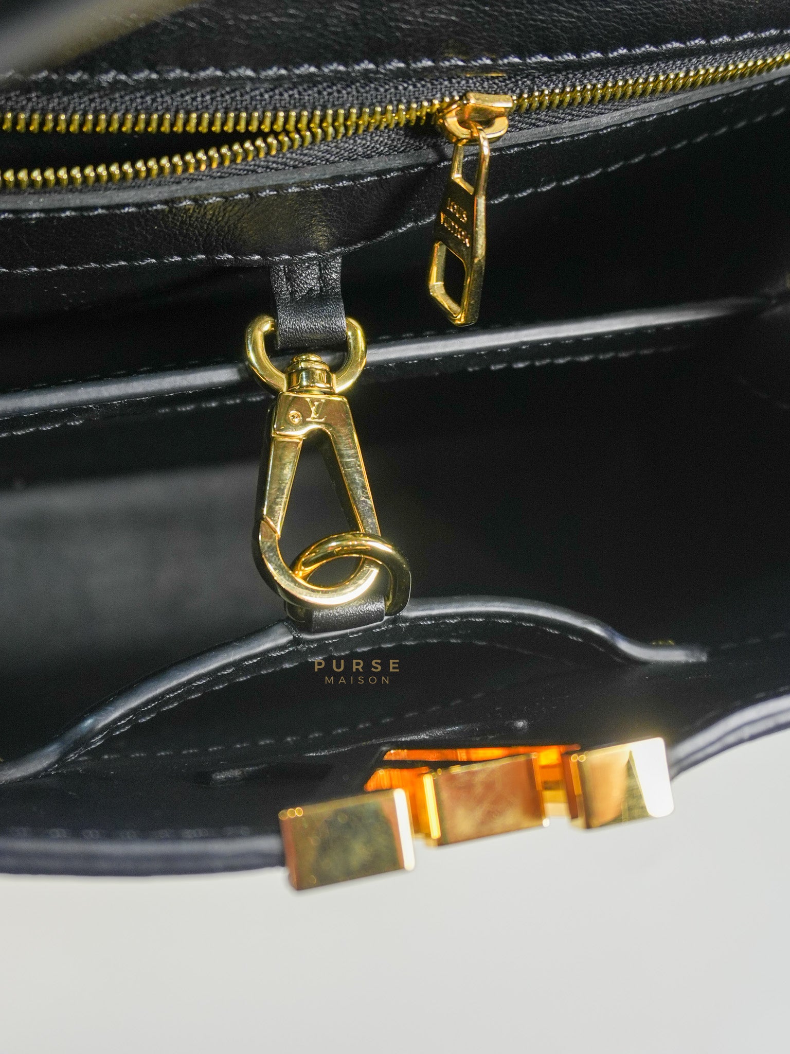 Capucines BB Hand Bag in Black & White Polka Dots Printed Leather (Microchip) | Purse Maison Luxury Bags Shop