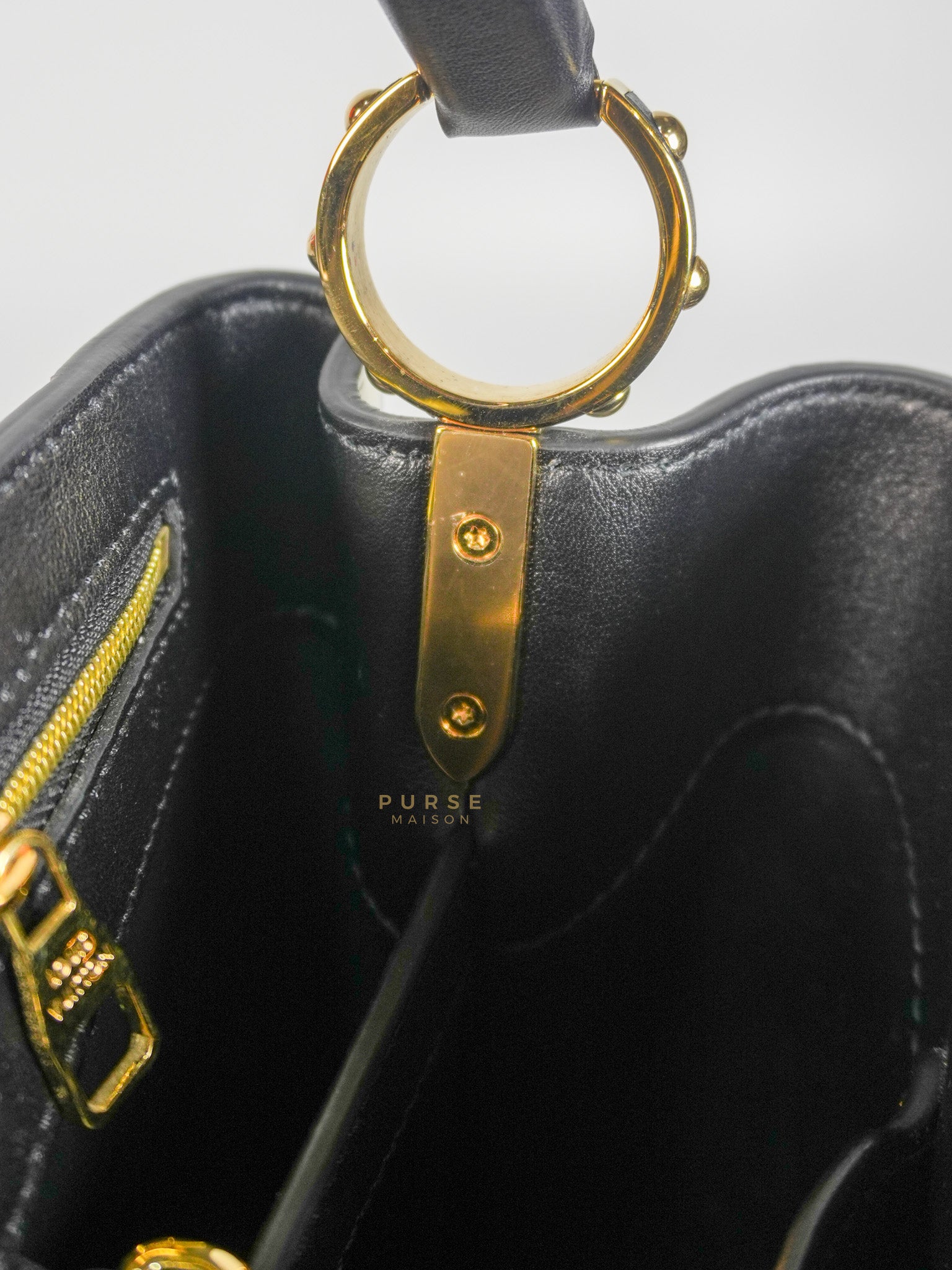 Capucines BB Hand Bag in Black & White Polka Dots Printed Leather (Microchip) | Purse Maison Luxury Bags Shop