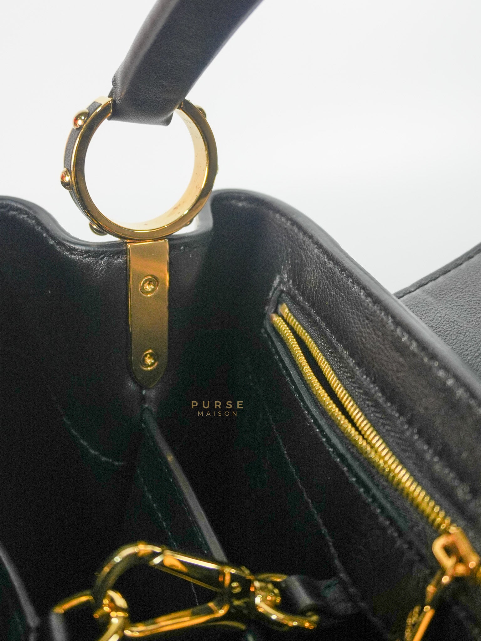 Capucines BB Hand Bag in Black & White Polka Dots Printed Leather (Microchip) | Purse Maison Luxury Bags Shop