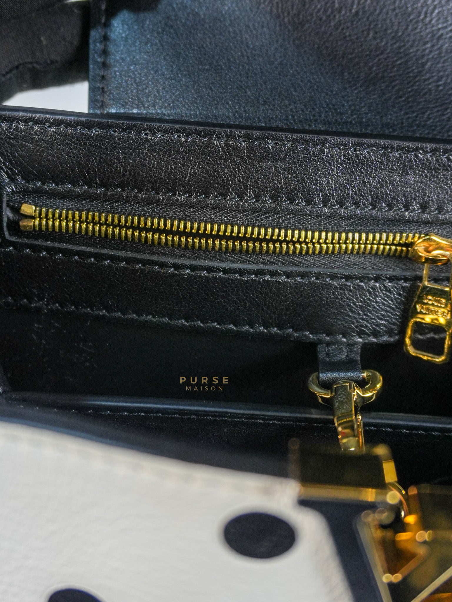 Capucines BB Hand Bag in Black & White Polka Dots Printed Leather (Microchip) | Purse Maison Luxury Bags Shop