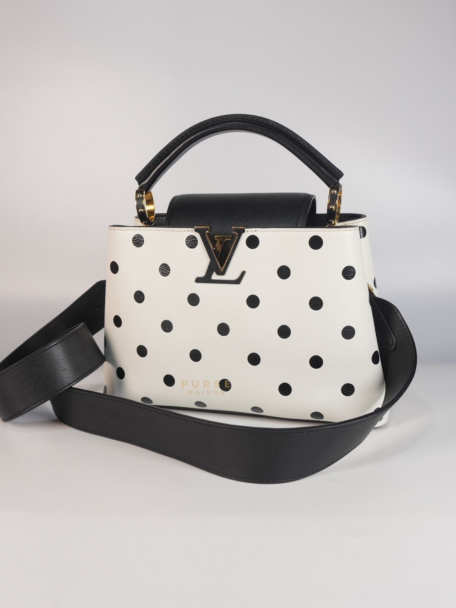 Capucines BB Hand Bag in Black & White Polka Dots Printed Leather (Microchip) | Purse Maison Luxury Bags Shop
