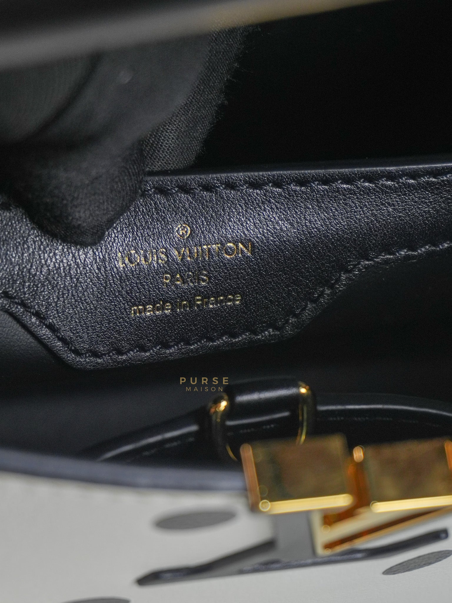 Capucines BB Hand Bag in Black & White Polka Dots Printed Leather (Microchip) | Purse Maison Luxury Bags Shop