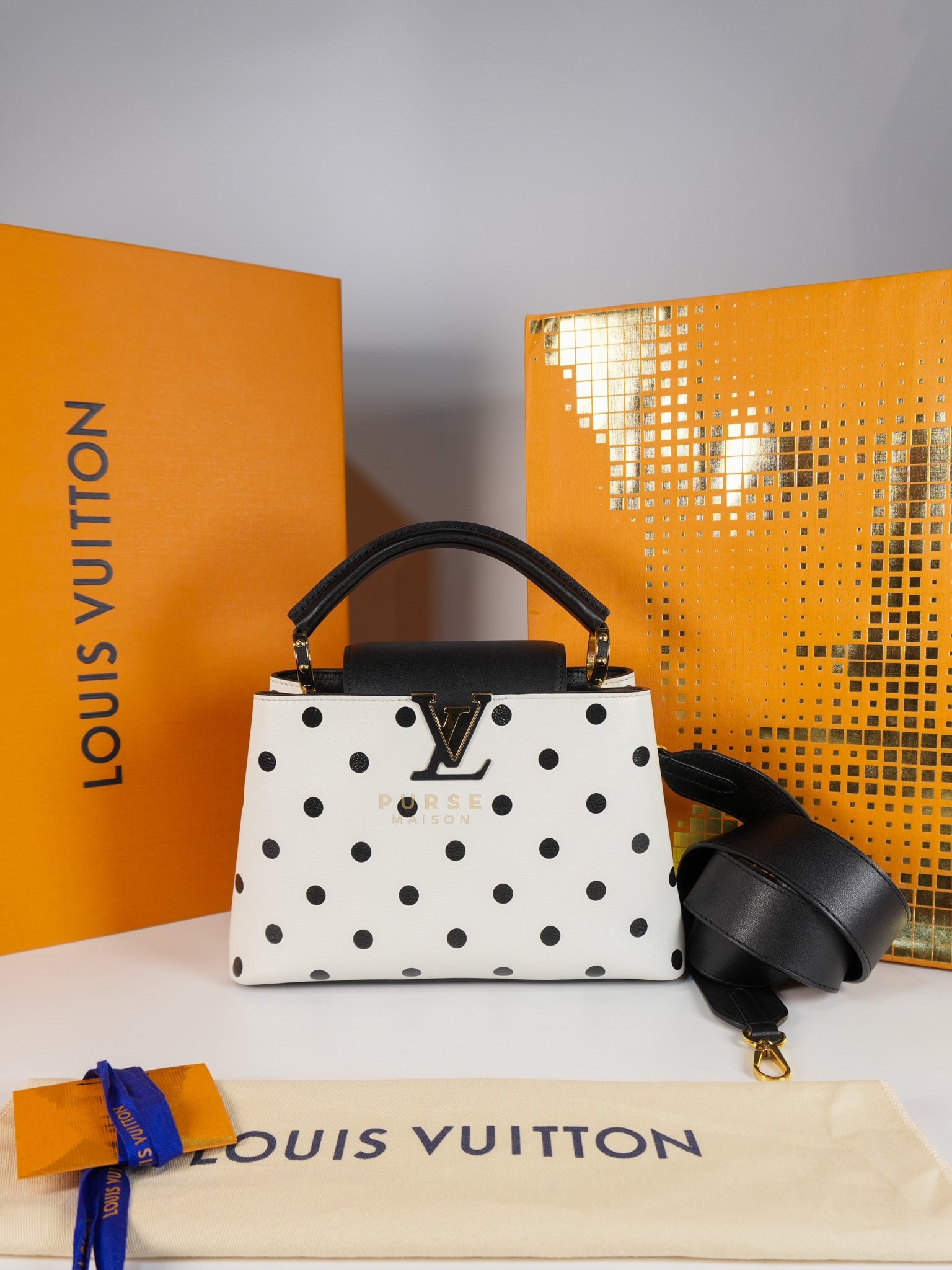 Capucines BB Hand Bag in Black & White Polka Dots Printed Leather (Microchip) | Purse Maison Luxury Bags Shop