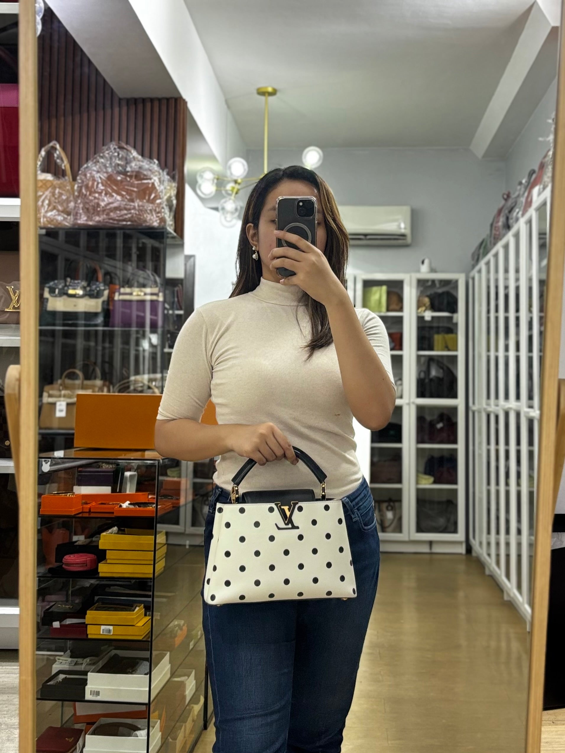 Capucines BB Hand Bag in Black & White Polka Dots Printed Leather (Microchip) | Purse Maison Luxury Bags Shop