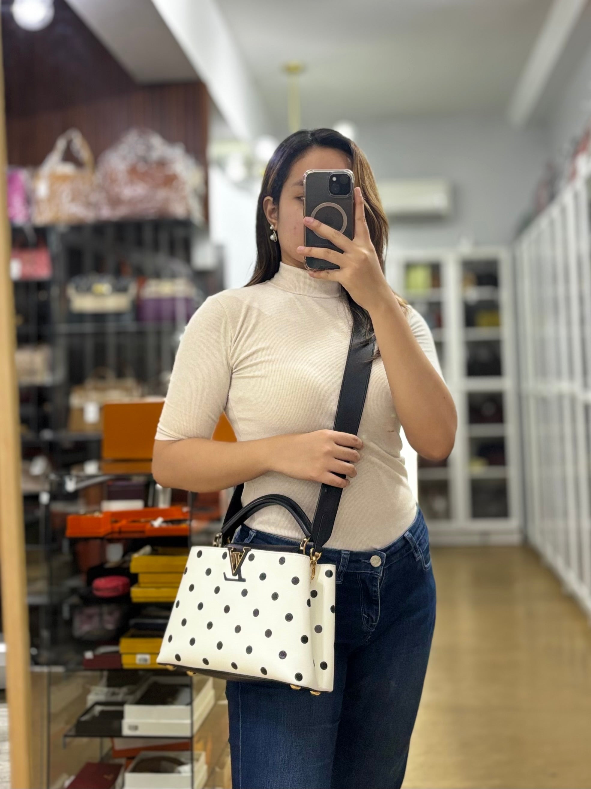 Capucines BB Hand Bag in Black & White Polka Dots Printed Leather (Microchip) | Purse Maison Luxury Bags Shop