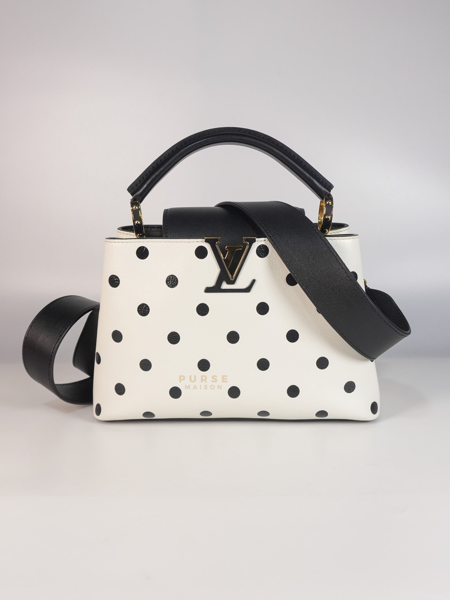 Capucines BB Hand Bag in Black & White Polka Dots Printed Leather (Microchip) | Purse Maison Luxury Bags Shop
