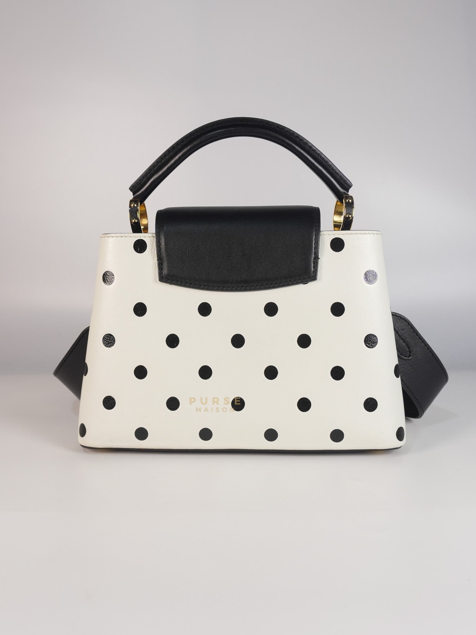 Capucines BB Hand Bag in Black & White Polka Dots Printed Leather (Microchip) | Purse Maison Luxury Bags Shop