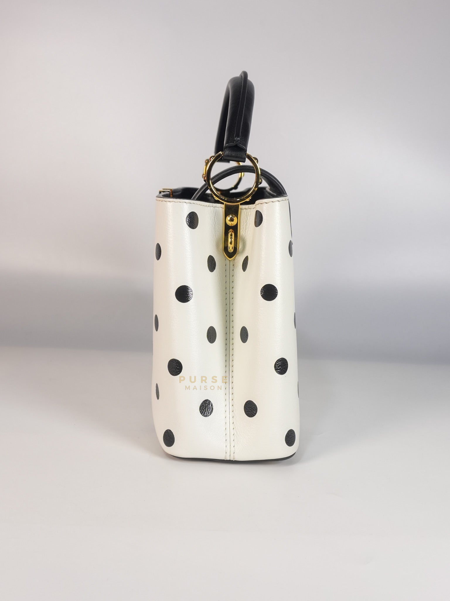 Capucines BB Hand Bag in Black & White Polka Dots Printed Leather (Microchip) | Purse Maison Luxury Bags Shop