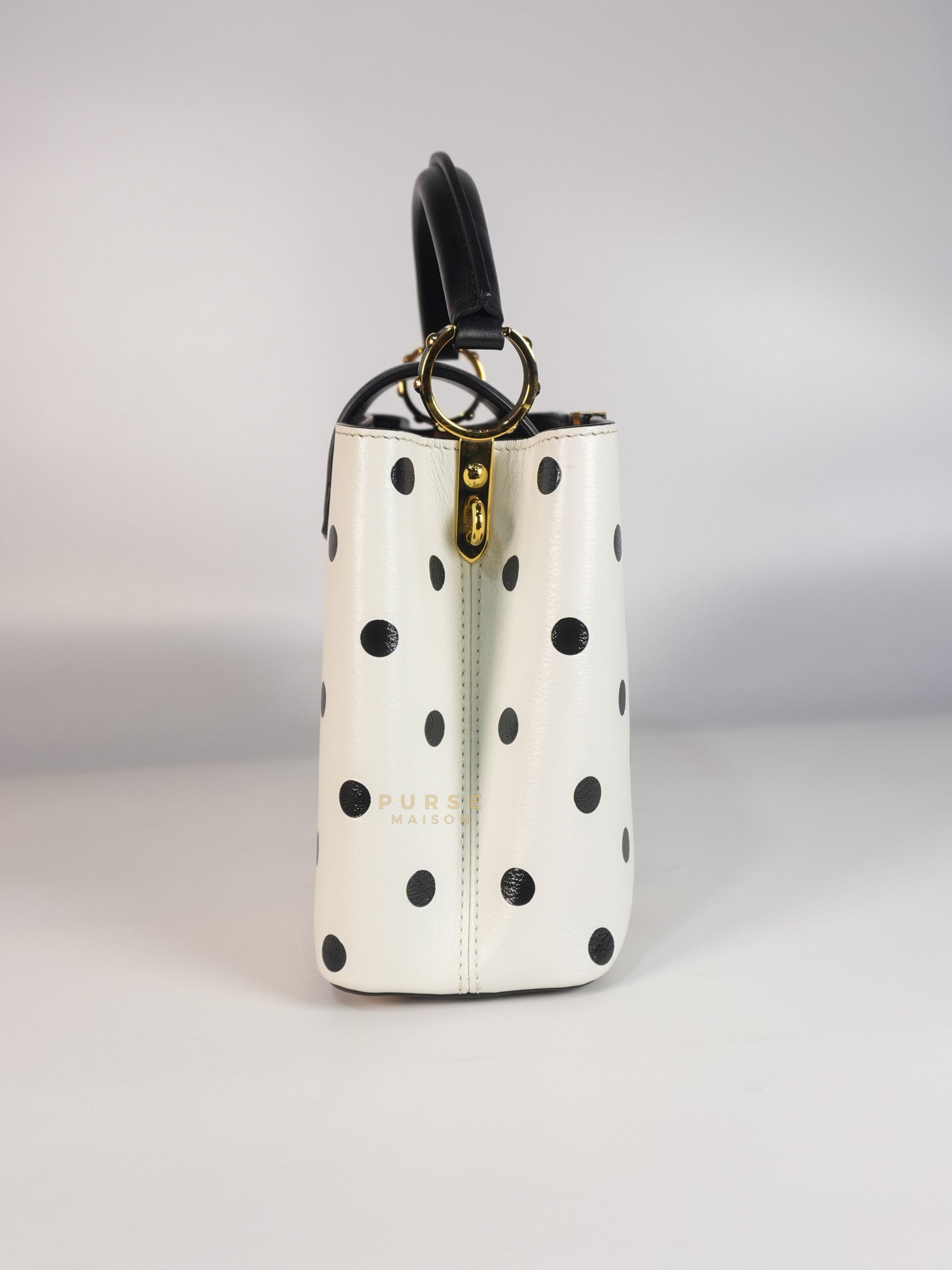 Capucines BB Hand Bag in Black & White Polka Dots Printed Leather (Microchip) | Purse Maison Luxury Bags Shop