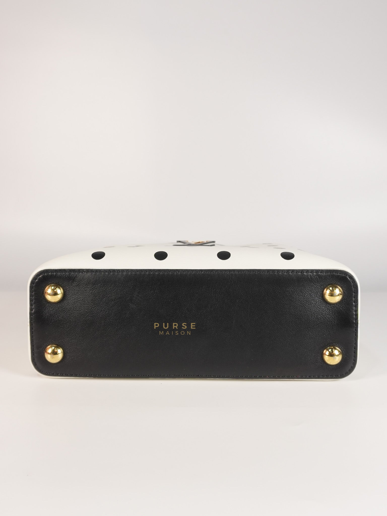 Capucines BB Hand Bag in Black & White Polka Dots Printed Leather (Microchip) | Purse Maison Luxury Bags Shop