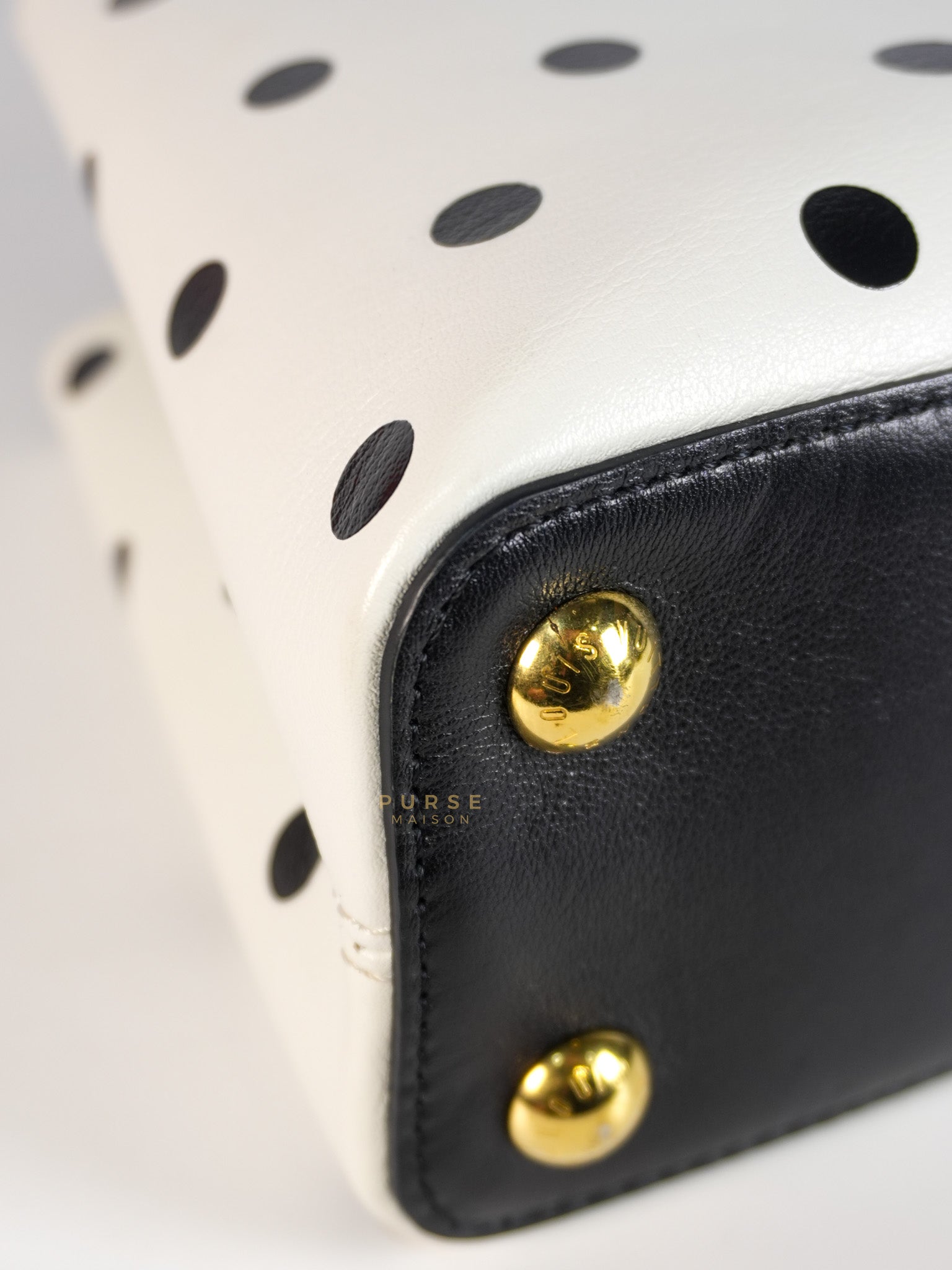 Capucines BB Hand Bag in Black & White Polka Dots Printed Leather (Microchip) | Purse Maison Luxury Bags Shop