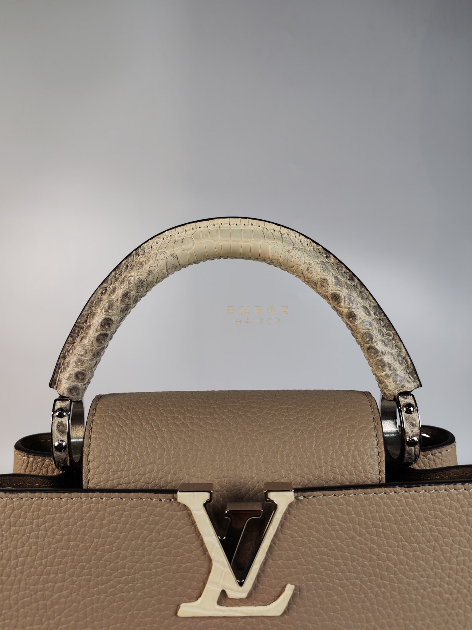 Capucines BB in Galet/Himalayan Top Handle Taurillon Leather | Purse Maison Luxury Bags Shop