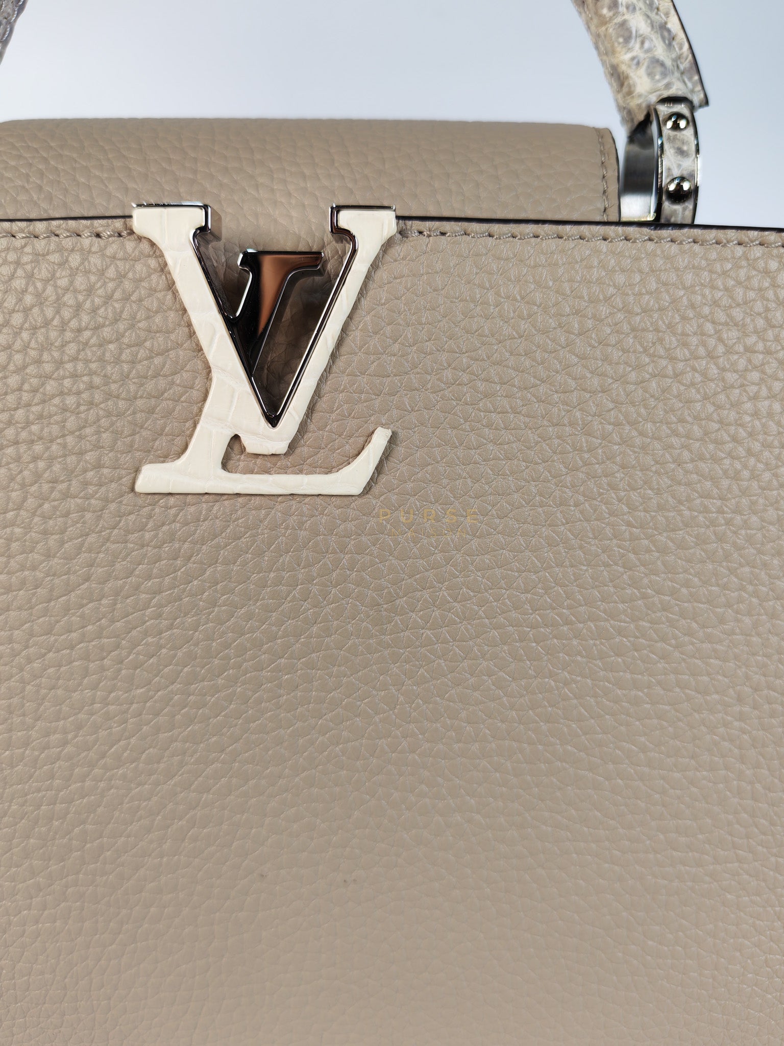 Capucines BB in Galet/Himalayan Top Handle Taurillon Leather | Purse Maison Luxury Bags Shop