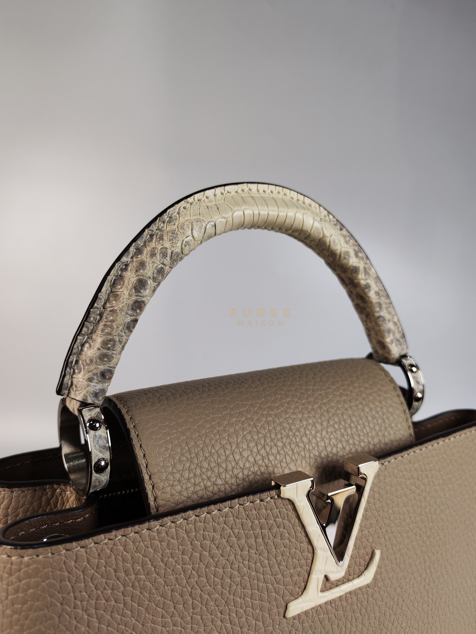 Capucines BB in Galet/Himalayan Top Handle Taurillon Leather | Purse Maison Luxury Bags Shop