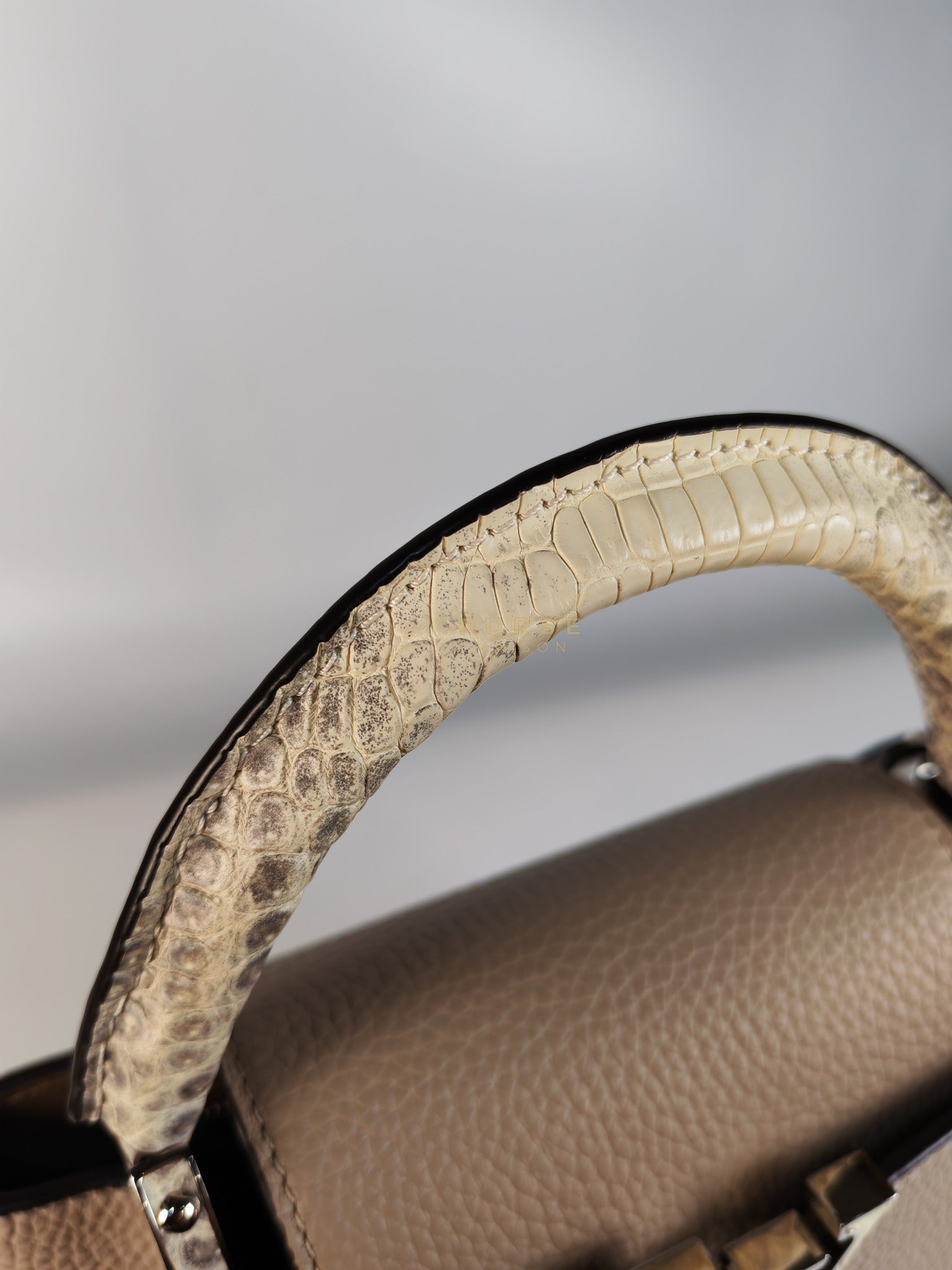 Capucines BB in Galet/Himalayan Top Handle Taurillon Leather | Purse Maison Luxury Bags Shop