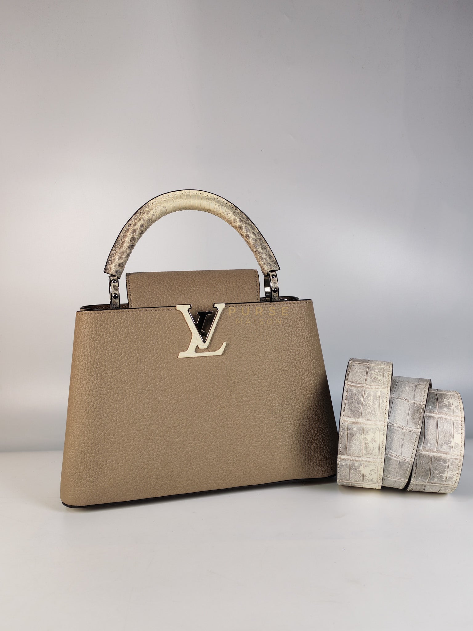 Capucines BB in Galet/Himalayan Top Handle Taurillon Leather | Purse Maison Luxury Bags Shop