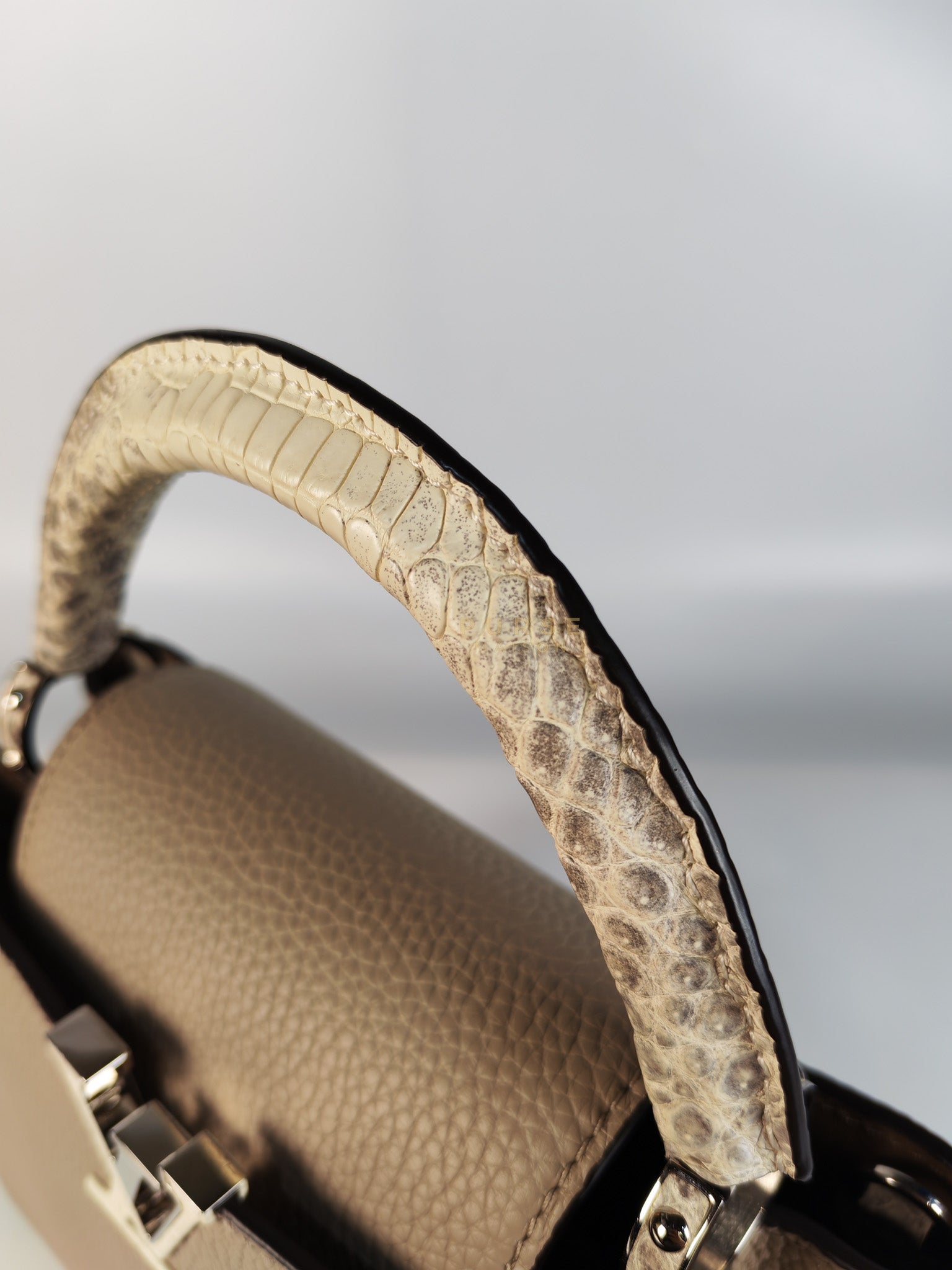 Capucines BB in Galet/Himalayan Top Handle Taurillon Leather | Purse Maison Luxury Bags Shop