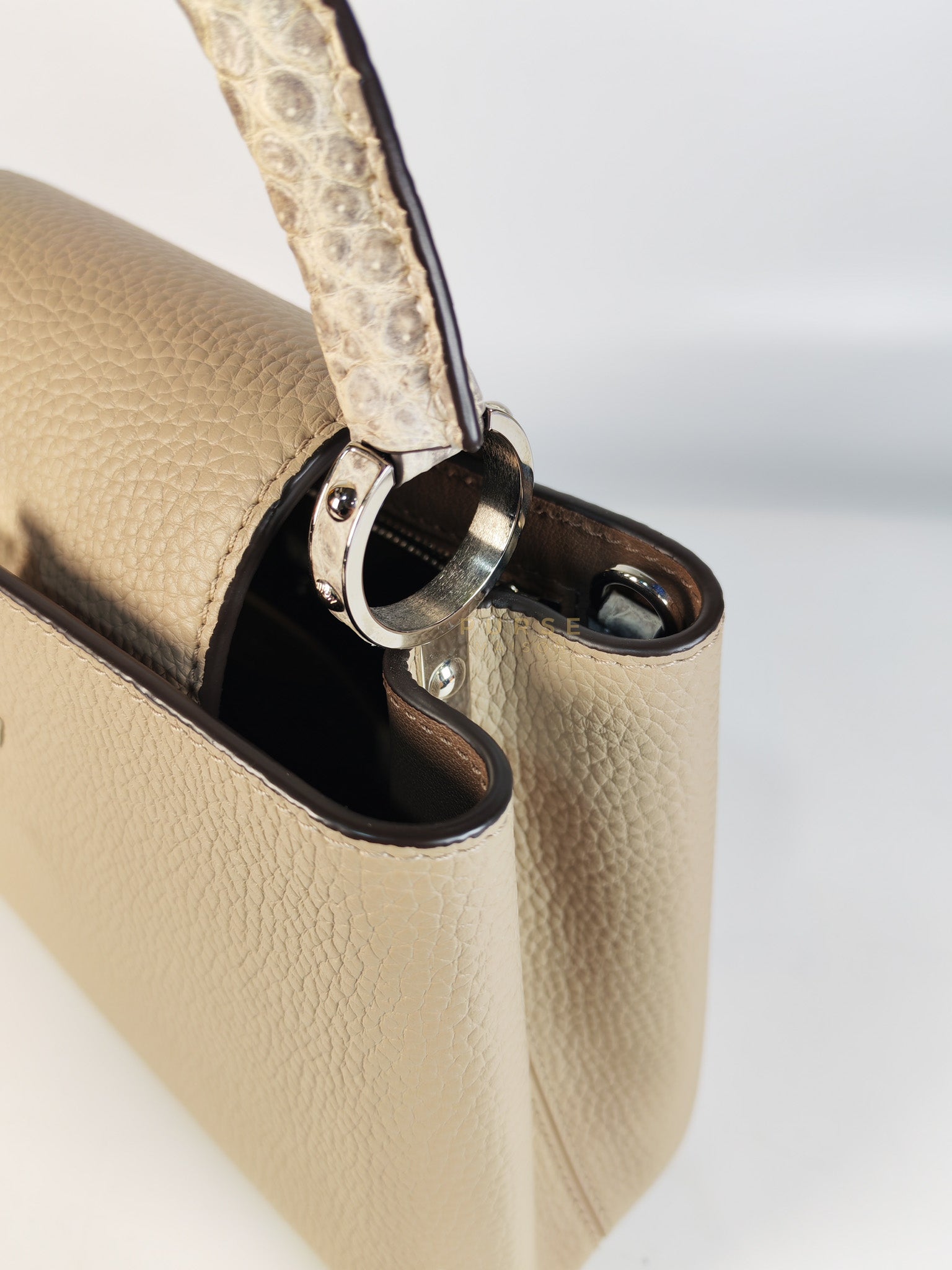 Capucines BB in Galet/Himalayan Top Handle Taurillon Leather | Purse Maison Luxury Bags Shop