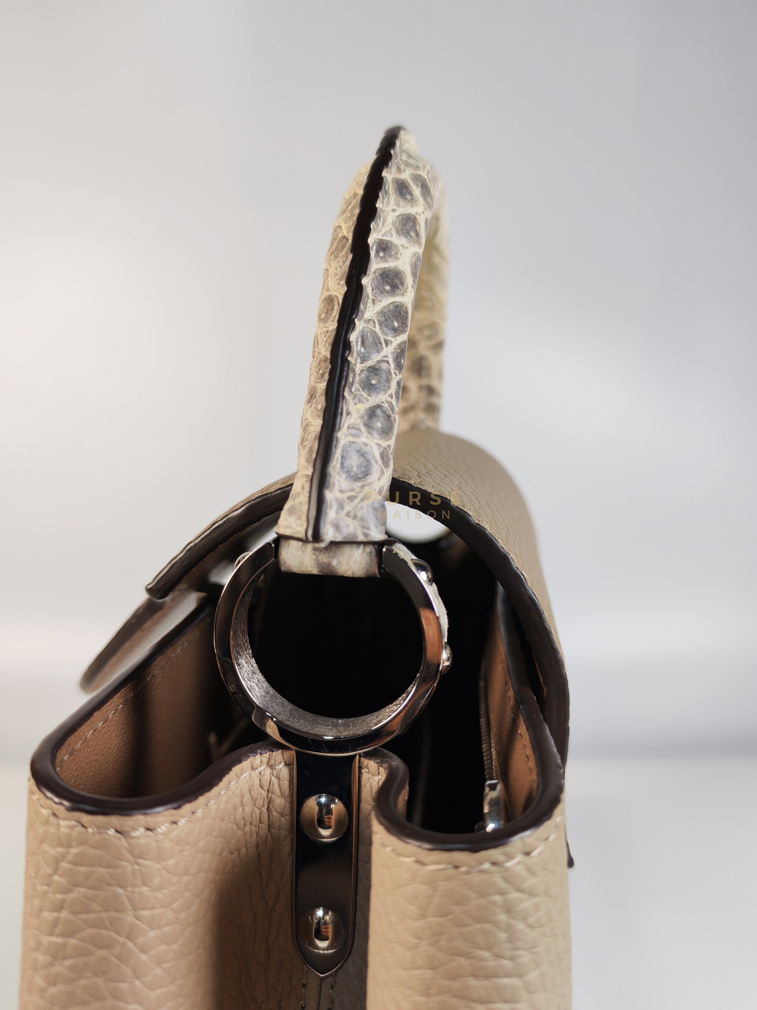 Capucines BB in Galet/Himalayan Top Handle Taurillon Leather | Purse Maison Luxury Bags Shop