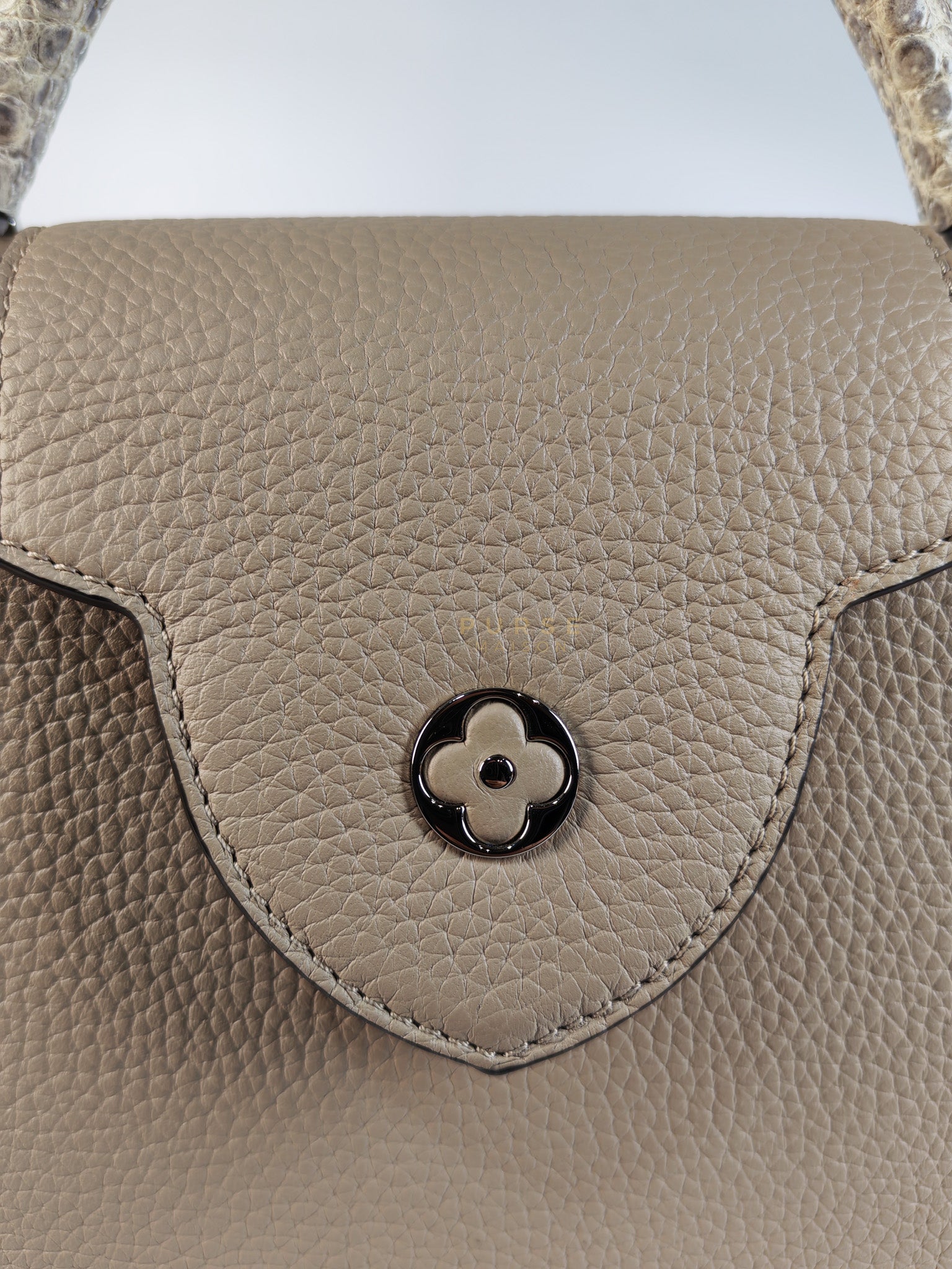 Capucines BB in Galet/Himalayan Top Handle Taurillon Leather | Purse Maison Luxury Bags Shop