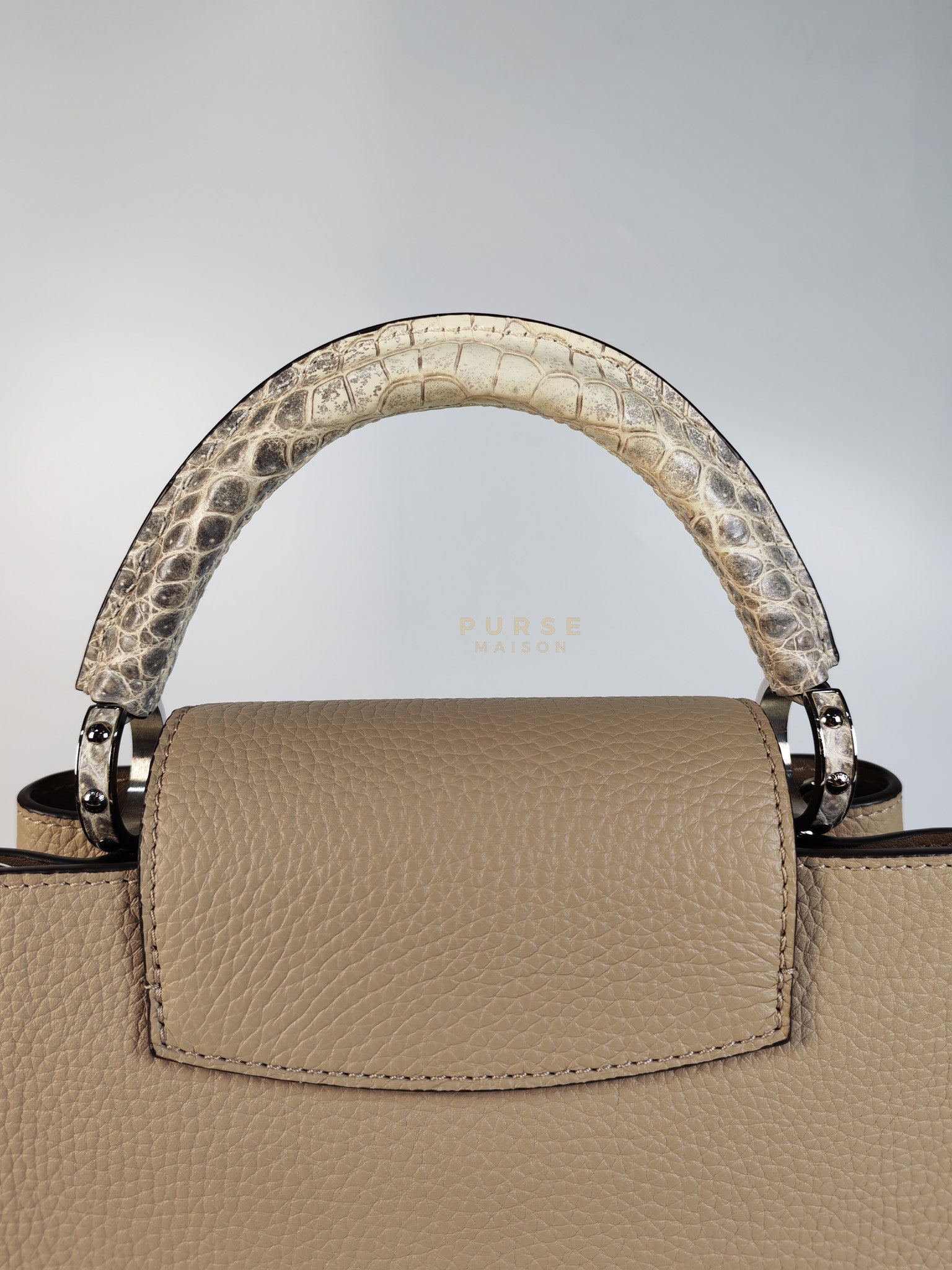 Capucines BB in Galet/Himalayan Top Handle Taurillon Leather | Purse Maison Luxury Bags Shop