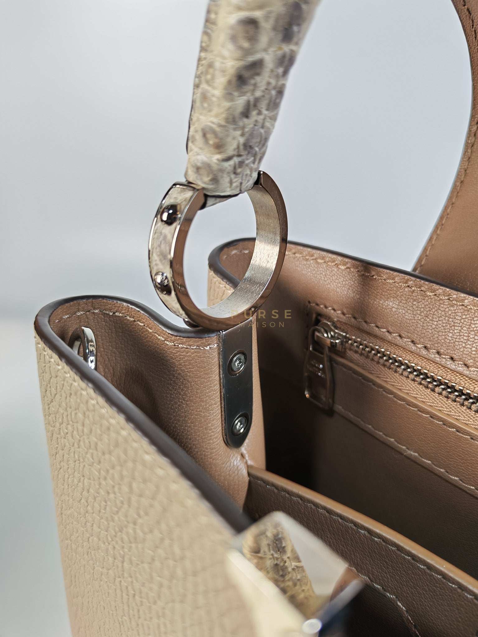 Capucines BB in Galet/Himalayan Top Handle Taurillon Leather | Purse Maison Luxury Bags Shop