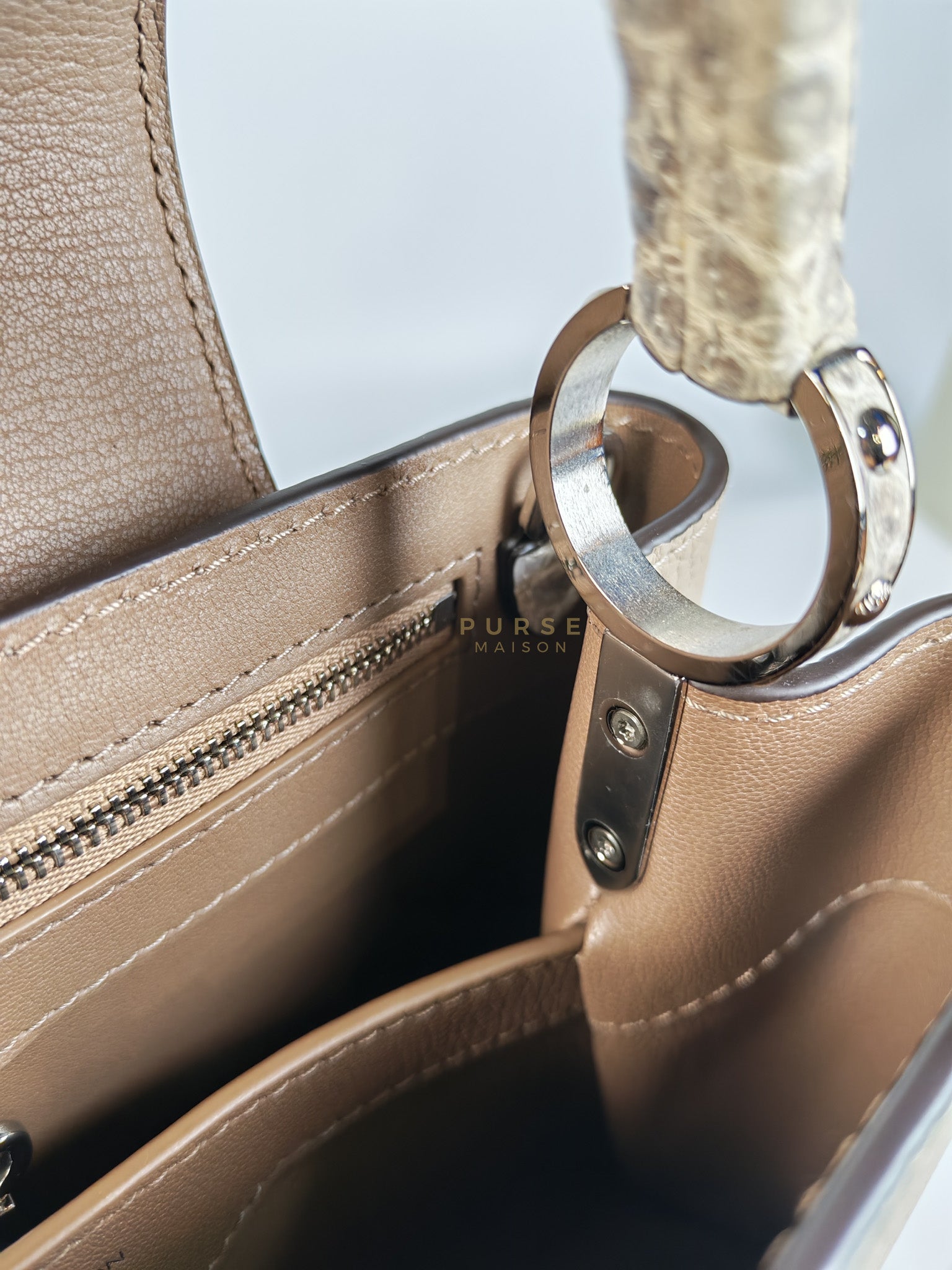 Capucines BB in Galet/Himalayan Top Handle Taurillon Leather | Purse Maison Luxury Bags Shop
