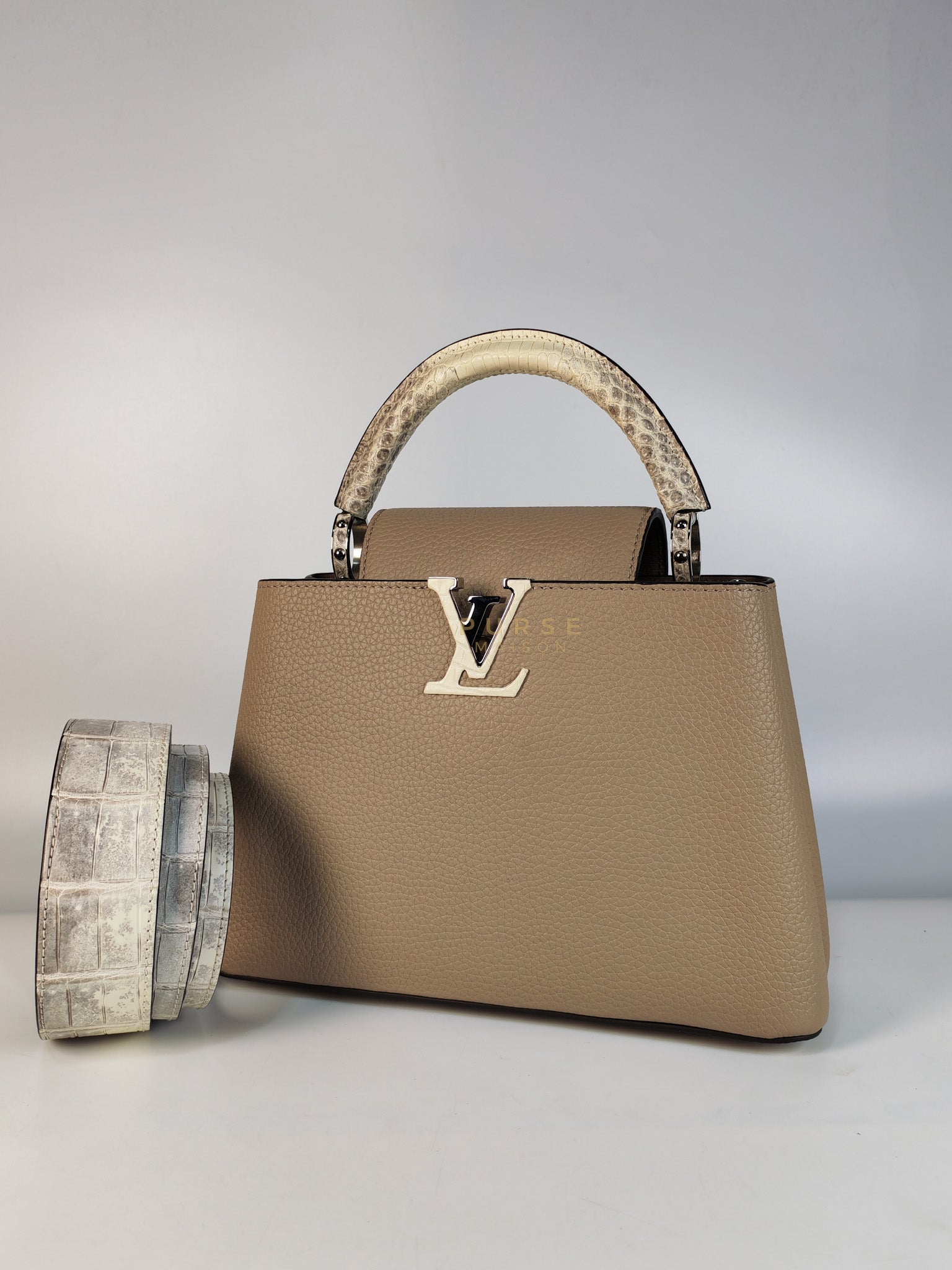 Capucines BB in Galet/Himalayan Top Handle Taurillon Leather | Purse Maison Luxury Bags Shop