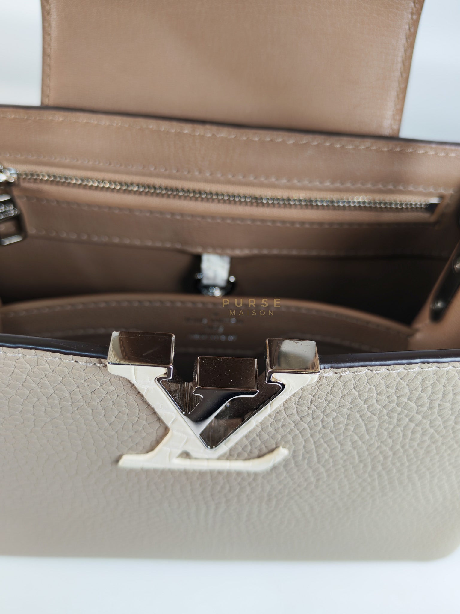Capucines BB in Galet/Himalayan Top Handle Taurillon Leather | Purse Maison Luxury Bags Shop