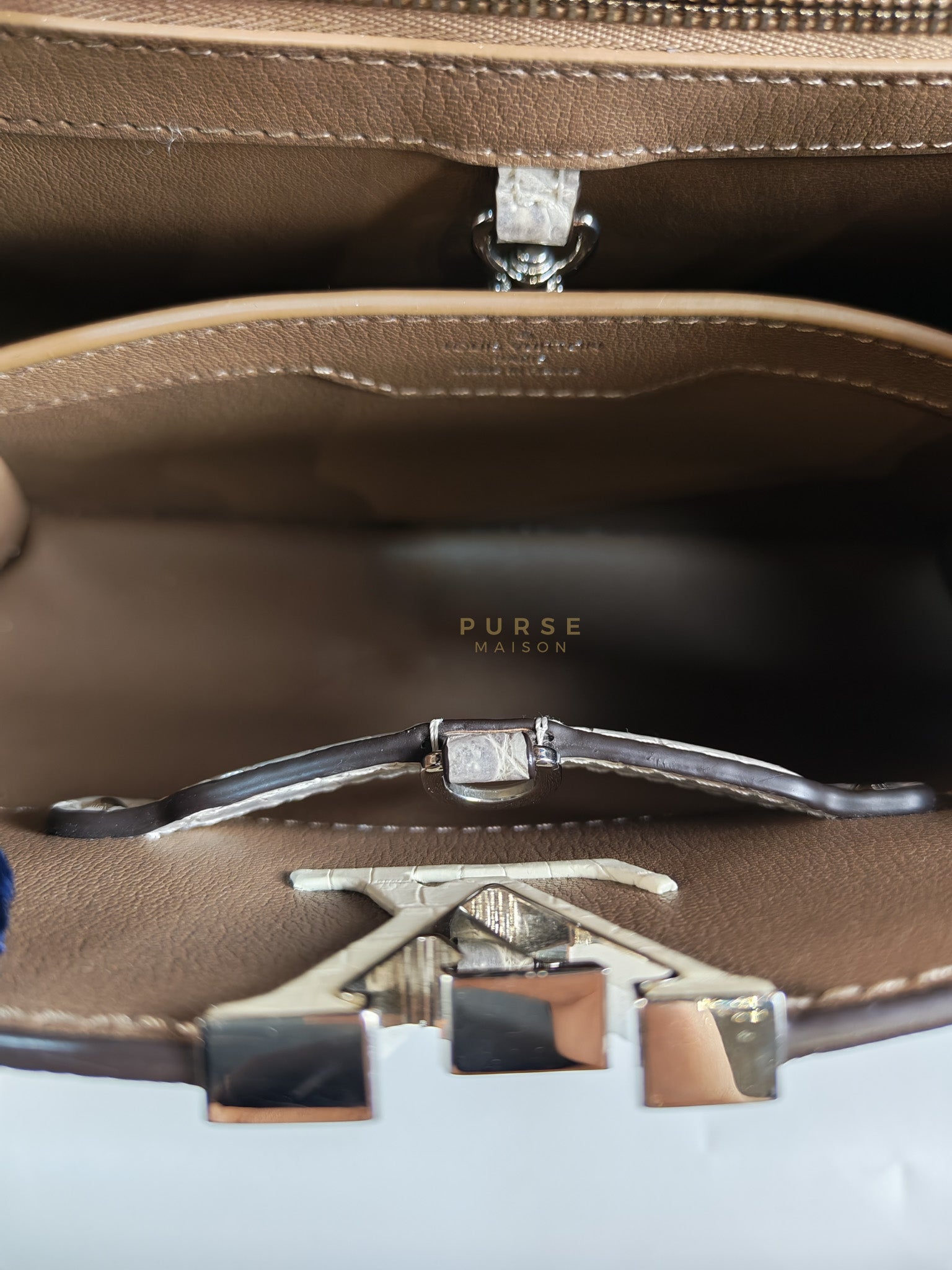 Capucines BB in Galet/Himalayan Top Handle Taurillon Leather | Purse Maison Luxury Bags Shop