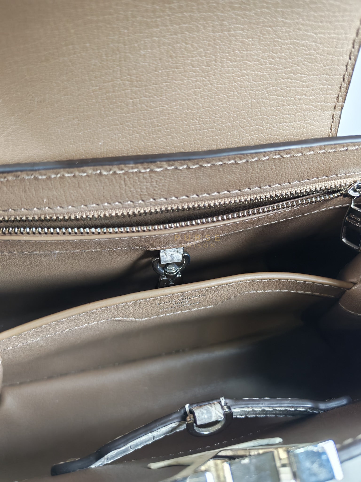 Capucines BB in Galet/Himalayan Top Handle Taurillon Leather | Purse Maison Luxury Bags Shop