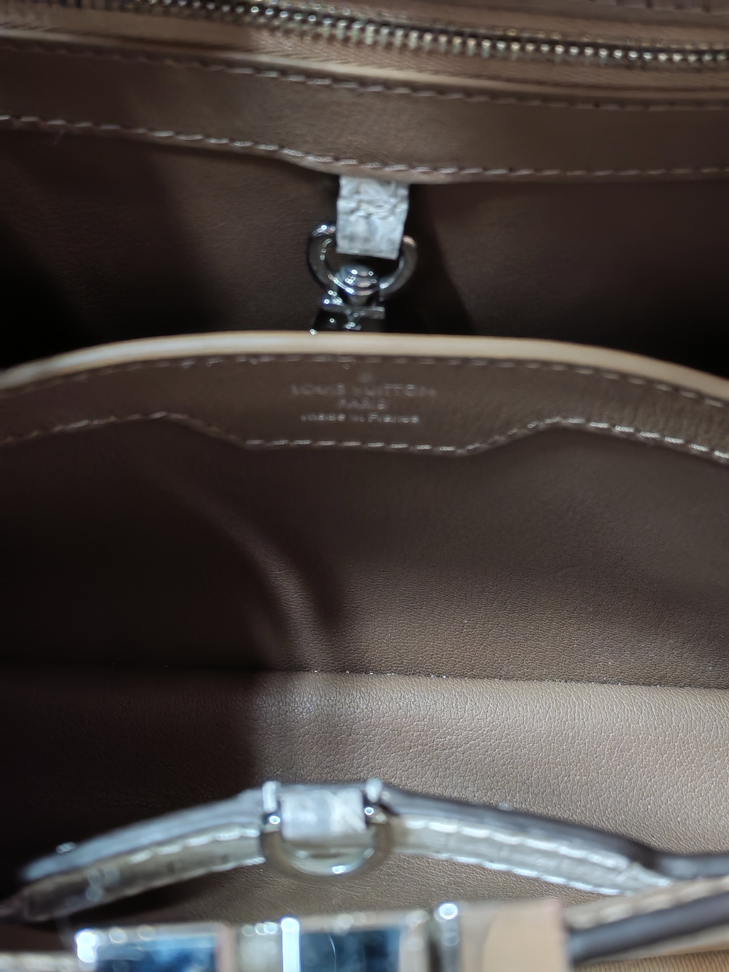 Capucines BB in Galet/Himalayan Top Handle Taurillon Leather | Purse Maison Luxury Bags Shop