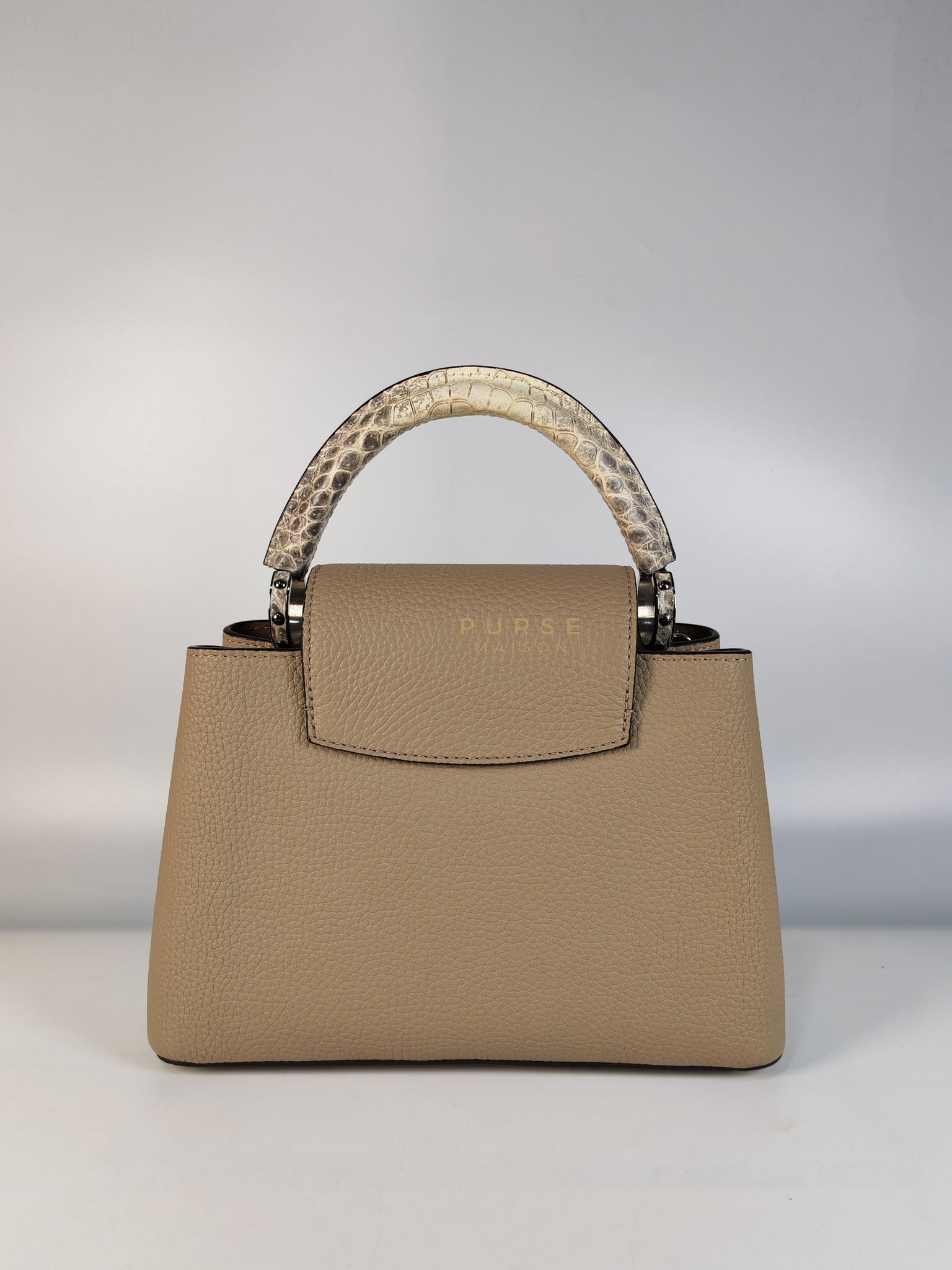 Capucines BB in Galet/Himalayan Top Handle Taurillon Leather | Purse Maison Luxury Bags Shop