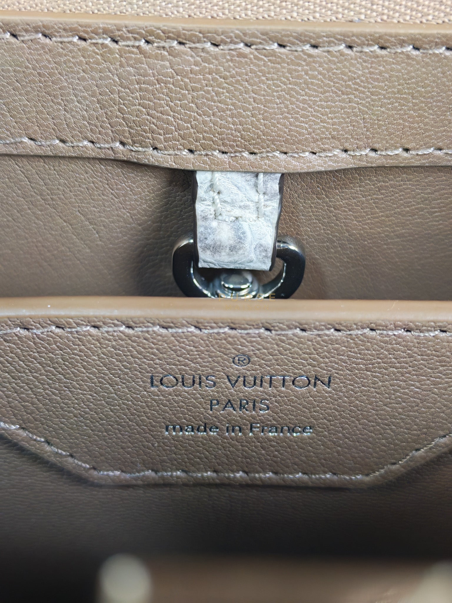 Capucines BB in Galet/Himalayan Top Handle Taurillon Leather | Purse Maison Luxury Bags Shop