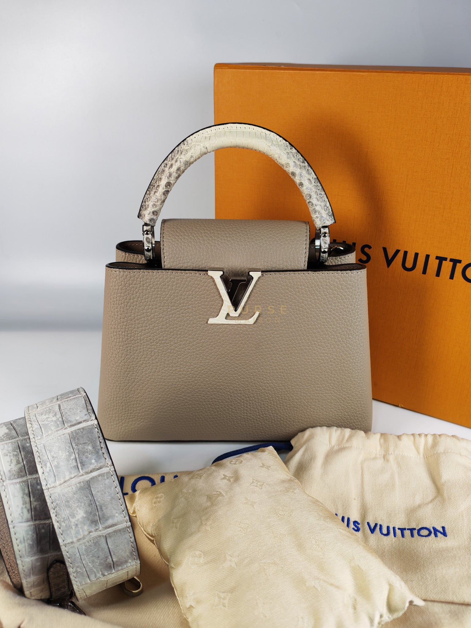 Capucines BB in Galet/Himalayan Top Handle Taurillon Leather | Purse Maison Luxury Bags Shop